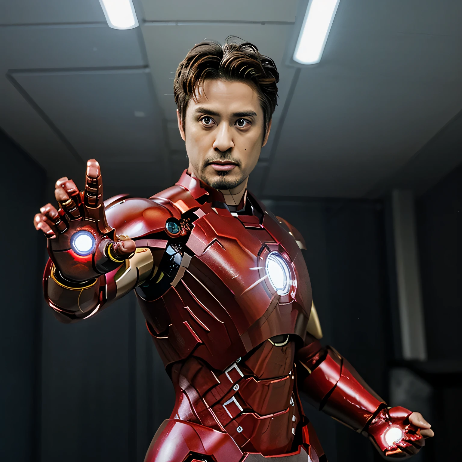 Dressed as Iron Man from Marvel, without the mask, epic background