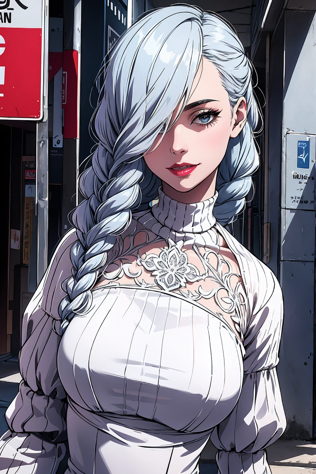 ultra realistic 8k cg, masterpiece, ((ultra detailed background, delicate pattern, intricate detail)), (highly detailed, fine details), best quality, 1girl, (photorealistic:1.4),beautiful lighting, absurdres, RAW photo, film grain, ((medium breasts, slim girl)), 1girl, MeiMei, solo, long hair, braid, dress, hair over one eye, smile, long sleeves, braided bangs, black dress, braided ponytail, white hair, puffy sleeves, holding, turtleneck dress, makeup, grey hair, red lips, one eye covered, lipstick, parted lips, single braid, (complex detailed background, outside, urban environment, cowboy shot, dinamic poses