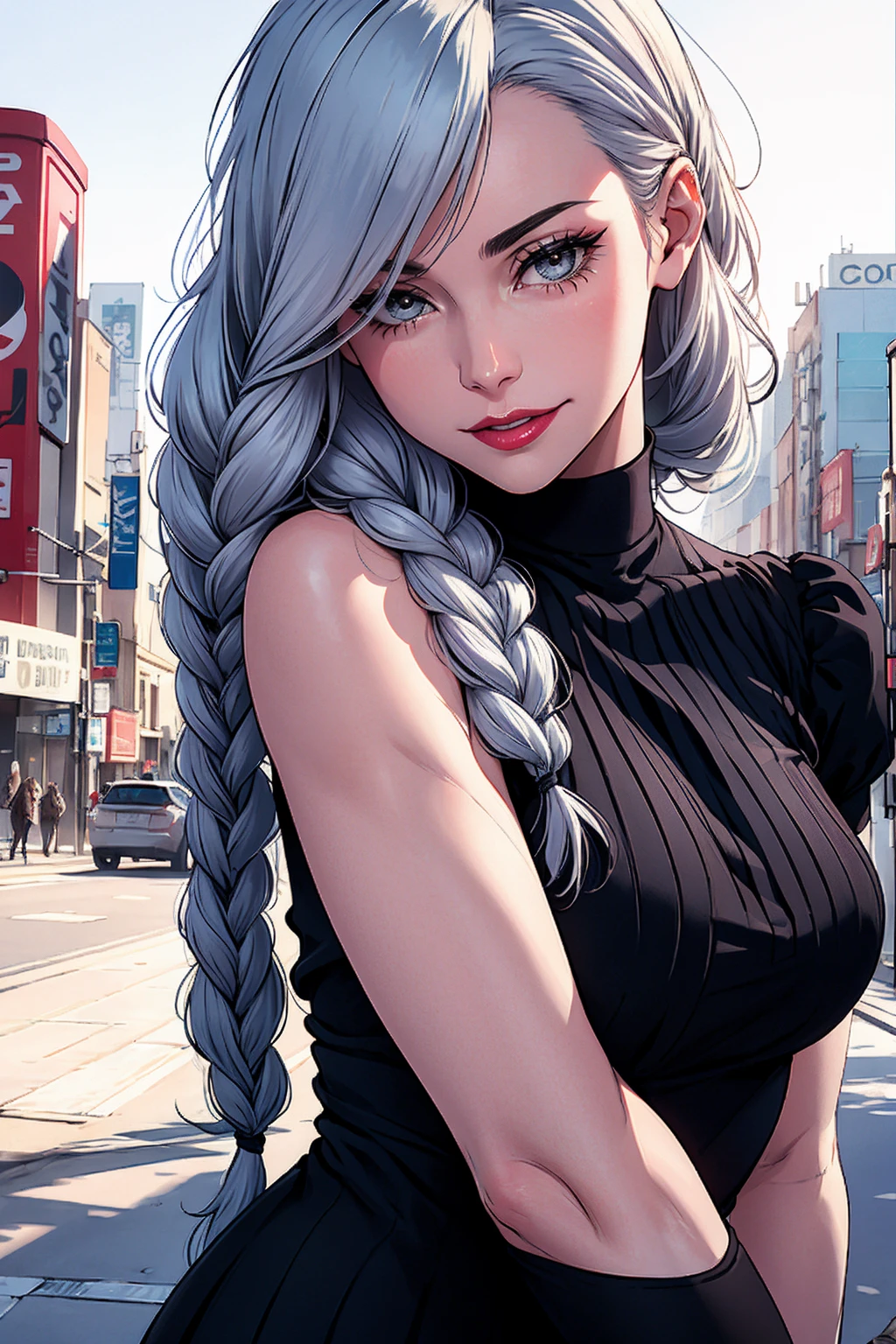 ultra realistic 8k cg, masterpiece, ((ultra detailed background, delicate pattern, intricate detail)), (highly detailed, fine details), best quality, 1girl, (photorealistic:1.4),beautiful lighting, absurdres, RAW photo, film grain, ((medium breasts, slim girl)), 1girl, MeiMei, solo, long hair, braid, dress, hair over one eye, smile, long sleeves, braided bangs, black dress, braided ponytail, white hair, puffy sleeves, holding, turtleneck dress, makeup, grey hair, red lips, one eye covered, lipstick, parted lips, single braid, (complex detailed background, outside, urban environment, cowboy shot, dinamic poses