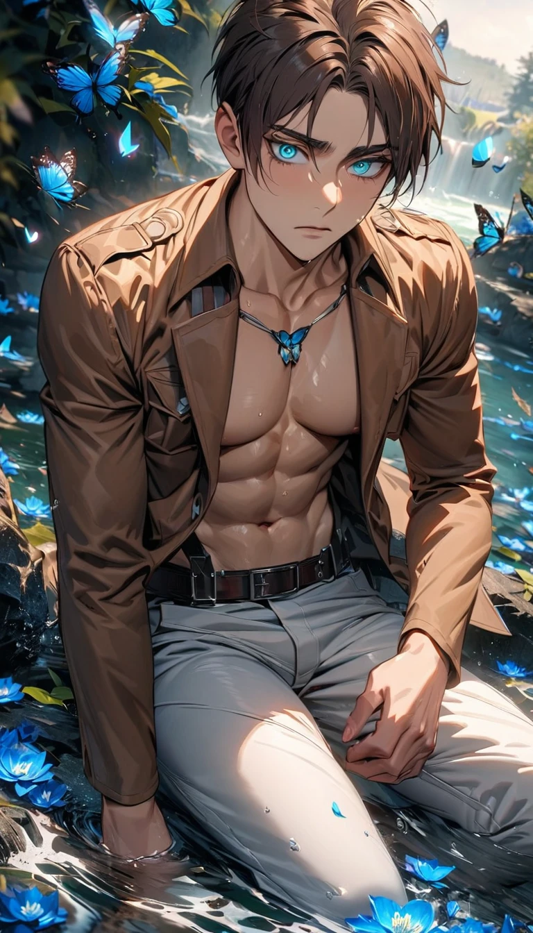 absurdres, highres, ultra detailed, HDR, masterpiece, extremely detailed face and eyes, Eren Yeager, brown hair, expressive turquoise eyes, Shingeki No Kyojin, solo, sexy man, toned chest, handsome, white coat, black tight shirt, window, moon, petals, purple flowers, purple shining light