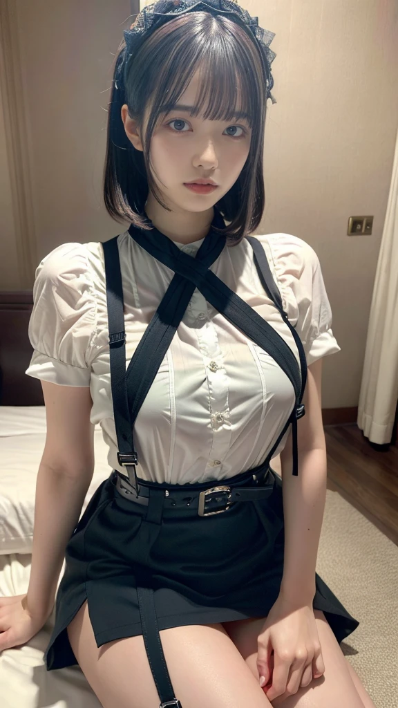 muste piece, best quality, illustration, Super detailed, fine details, High resolution, 8K,wall paper, perfect dynamic composition,(Details High quality, realistic depiction of eyes:1.3), (Fashionable, a belt black suspenders, Aside Cutter Shirt, a miniskirt, garterbelts), short bob hair, black hair color, Big Natural Color Lip, large breasts, (perfect body shape), crying a little、cold gaze, Harajuku style、20 year old girl、cute type、lolita、beautiful legs, hotel room, Gravure Idol, Voluptuous thighs, large hip, getting pounded from behind, on all fours