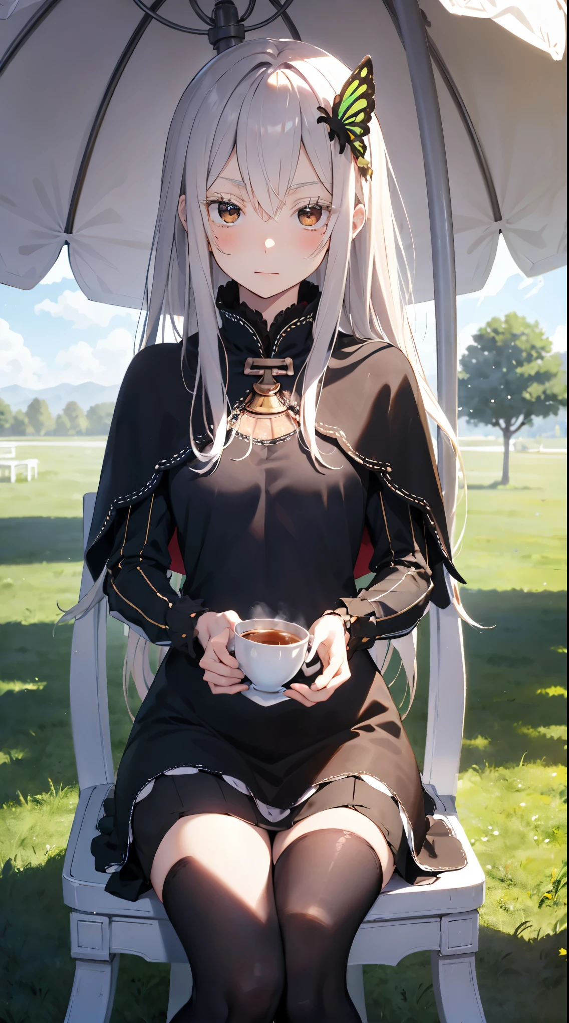 Confused, High resolution, Very detailed, Echidna, Brown eyes, Medium Chest, Butterfly Hair Ornament, (Colored eyelashes:1.1), Capelet, Black Dress, Long sleeve, Looking at the audience,grassland、White luxurious round table、Parasol、Sit on a chair、drinking tea、Bright colors、Bright colors彩、