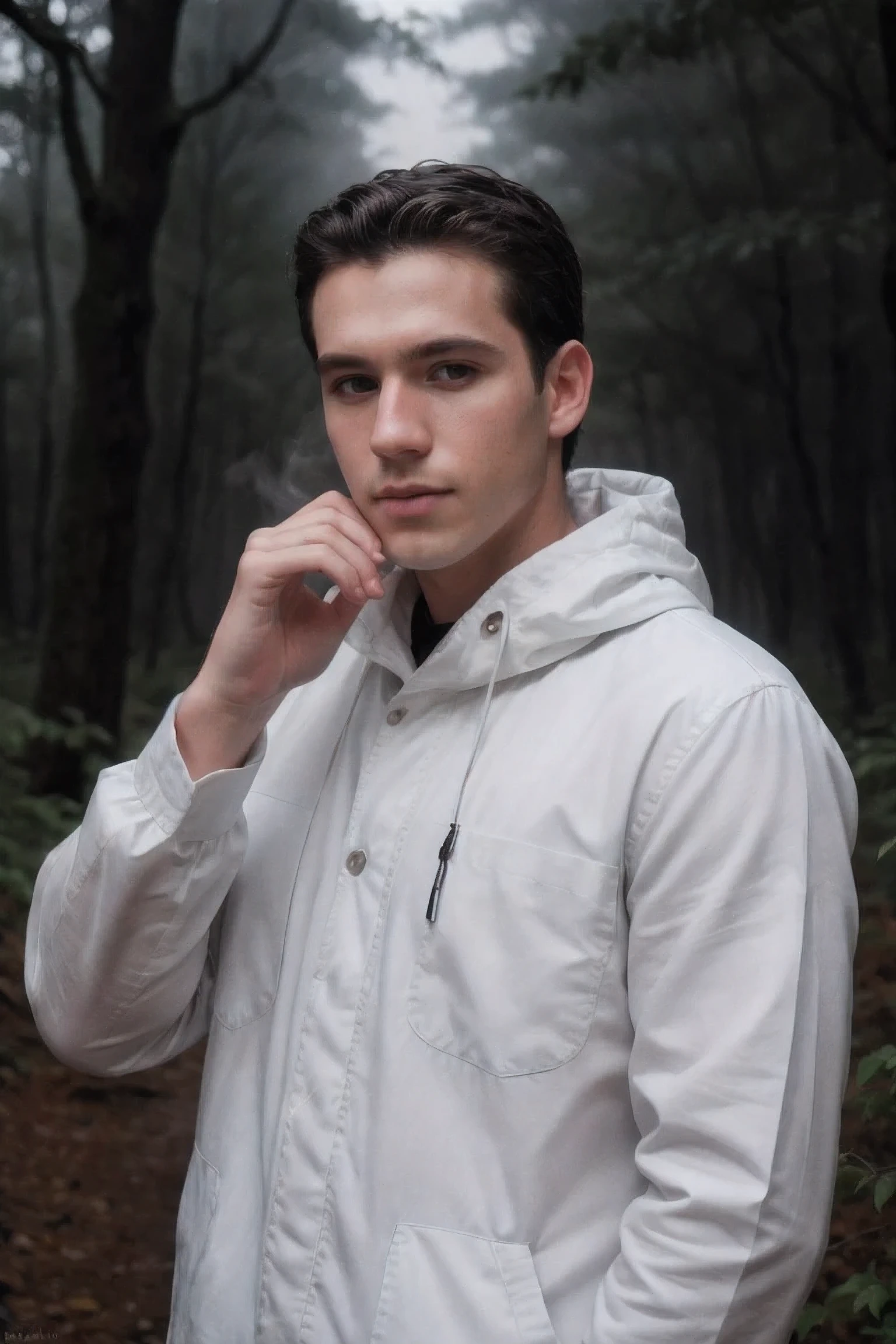 8k uhd, dslr, high quality , RAW photo, Amateur Photography posted to facebook ,Fujifilm XT3, Canon R5, Handsome Men, forest,foggy ,night