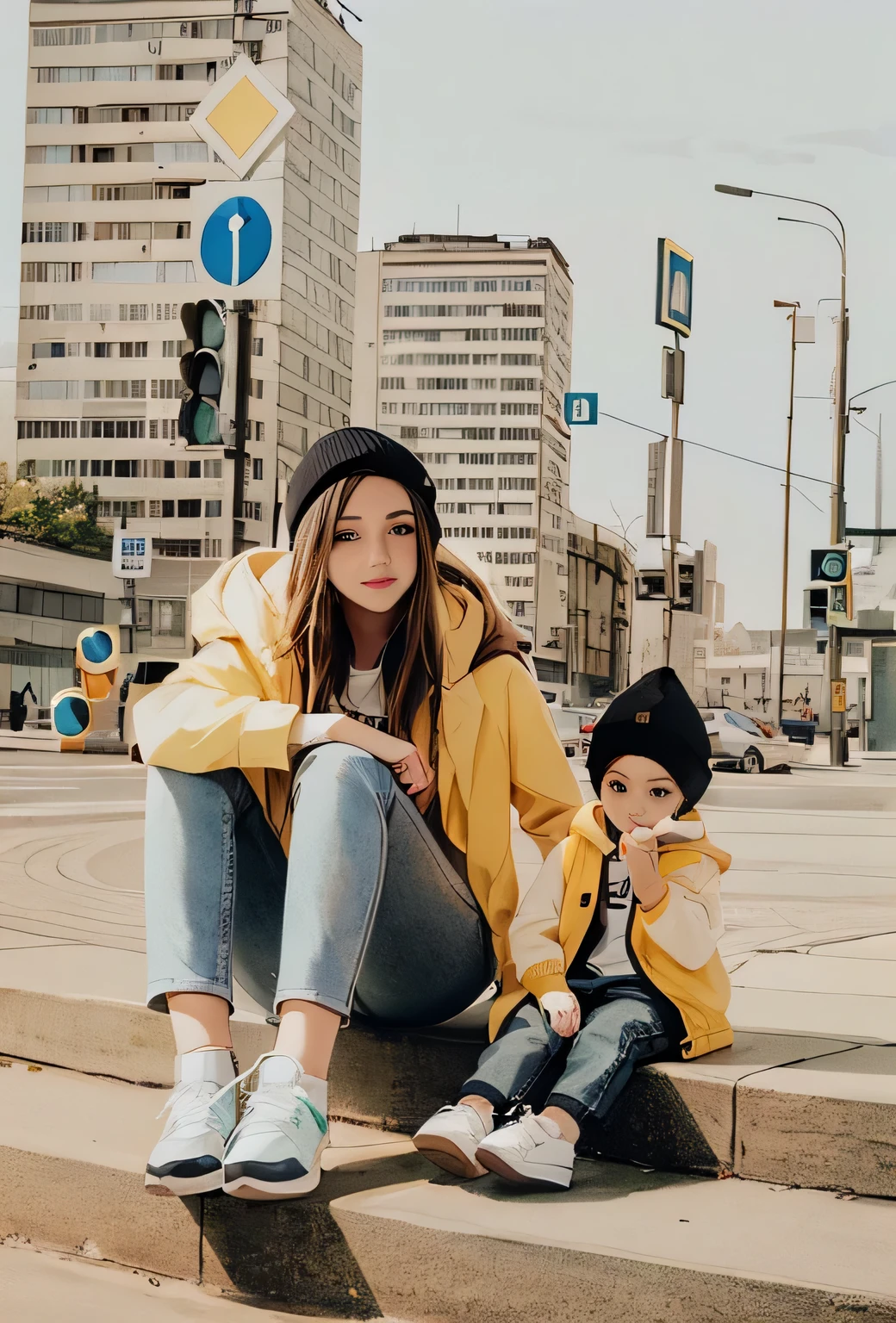 there is a woman and a  sitting on the steps, with a ???, in city street, in moscow centre, jovana rikalo, at a city street, in the city, yellow clothes, on a street, dasha taran, profile pic, street pic, wearing a yellow hoodie, young and cute, posing in an urban street, in the street