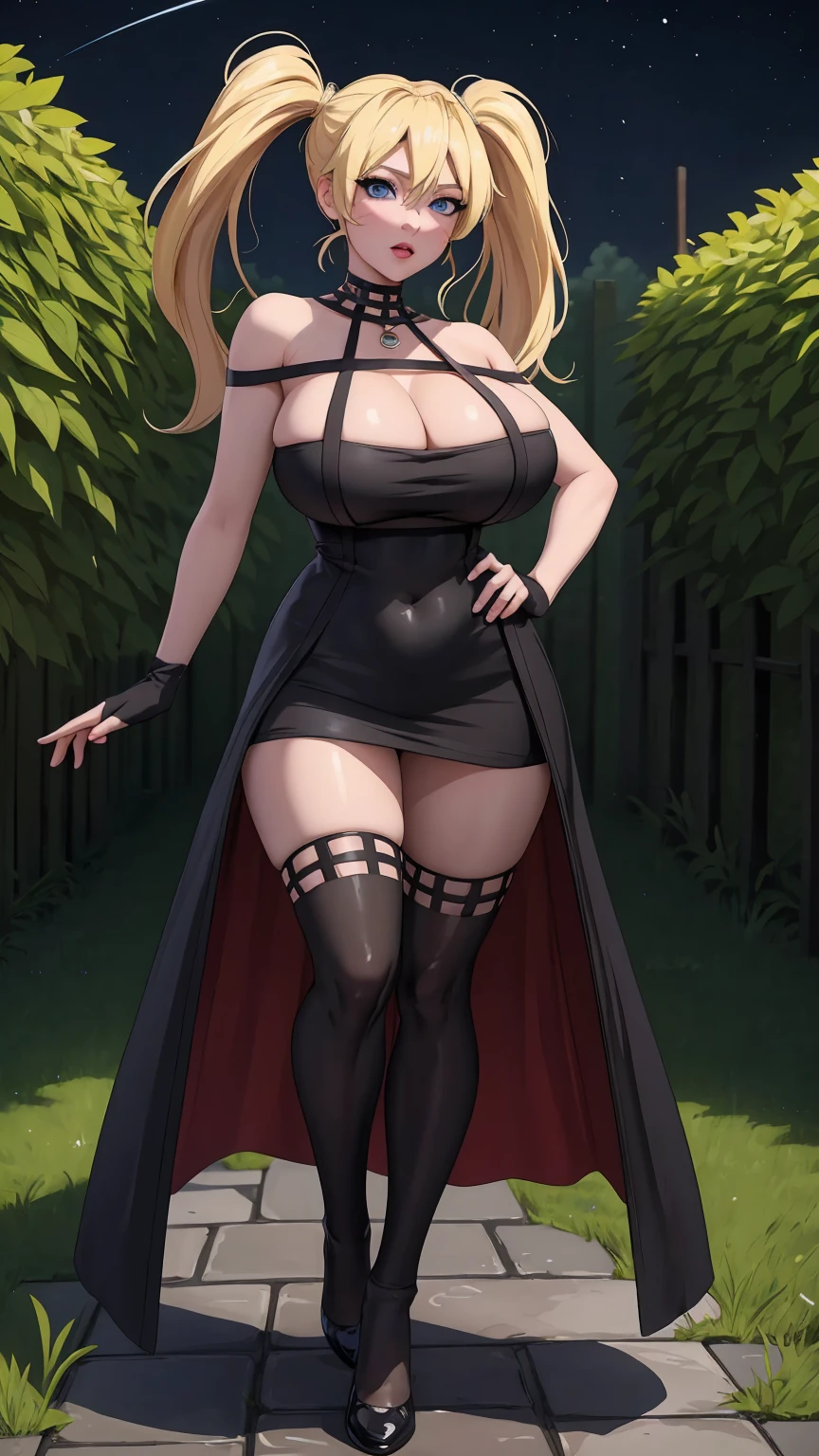 masterpiece, best quality, extremely detail 8k cg, high resolution, 1girl, narukouzumaki, twintails, wisker marks, blonde hair, blue eyes, perfect eyes, slim body, huge breasts, fakebreasts, standing, black dress, black thighhighs, black gloves, seductive face, outdoors, garden, night time, beautiful face, wide shot photo, full body