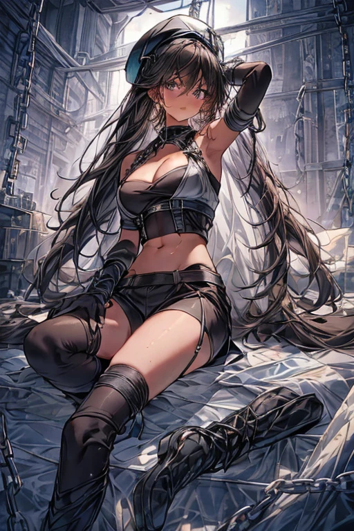 (Thynasha:1.2),dark blue hair,very long hair, purple eyes,(beautiful detailed eyes:1.0), extremely detailed face, perfect lighting, hair between eyes,bangs, (black beret, black jacket, open clothes, cleavage, midriff, black medium skirts,  black thighhighs, thigh strap, fingerless gloves, single glove:1.2), Photo,sharpness, F1.6 lens,hyper-realistic textures,spectacular light textures, Cinestil 800 Fashion Mechanics,(((Beautiful woman with left leg restrained by chains))),Appearance,Beautiful girl with accentuated slender abs: 1.1,six-pack abs: 1.1, Bust Botox,Standing on tiptoe, long legs,Long brown hair fluttering in the wind,Brown hair, Long hair, Female Warrior Costume,(No panties,No bra),(tacticul battle fashion,elbow and knee tacticul battle fashion, battle glove: 1.1),((cute batre costume)),The belly comes out and the navel is visible,Thin sheer costume, combat gloves,shredded costumes,cyber long combat boots with golden knee pads,Anatomical,(futuristic sci-fi battle fashion, new elbow and knee cyberpads, new cyberlong boots, new cybergloves: 1.1),(tied perfectly by iron chain:1.3), Restraint, Slave, collars, contempt, (Chained), 4 chains hung from heaven, Metallic shackles and fetters, wet crotch clearly visible,((Hands are restrained above the head)), the neck is chained,Chain from left knee to heaven,Chained by rusty iron chains,((the tip is protruding, areolas protruding,The shape of the pubic harearea is clearly visible:0.9)),Sweating,Wet,Wet crotch,Wet thighs,Junkyard, Realistic, (cute, perfect clothes, skimpy clothes, cute: 1.3) ,Vast miritary base in us,((wide mirtary hospital with summer sunlight)), peeling ceilings, Rebar between, Realistic material details, Extreme details, Ultra-realistic materials,narrow waist,(with sparkling eyes and a contagious smile:0.9),looking at viewer,
