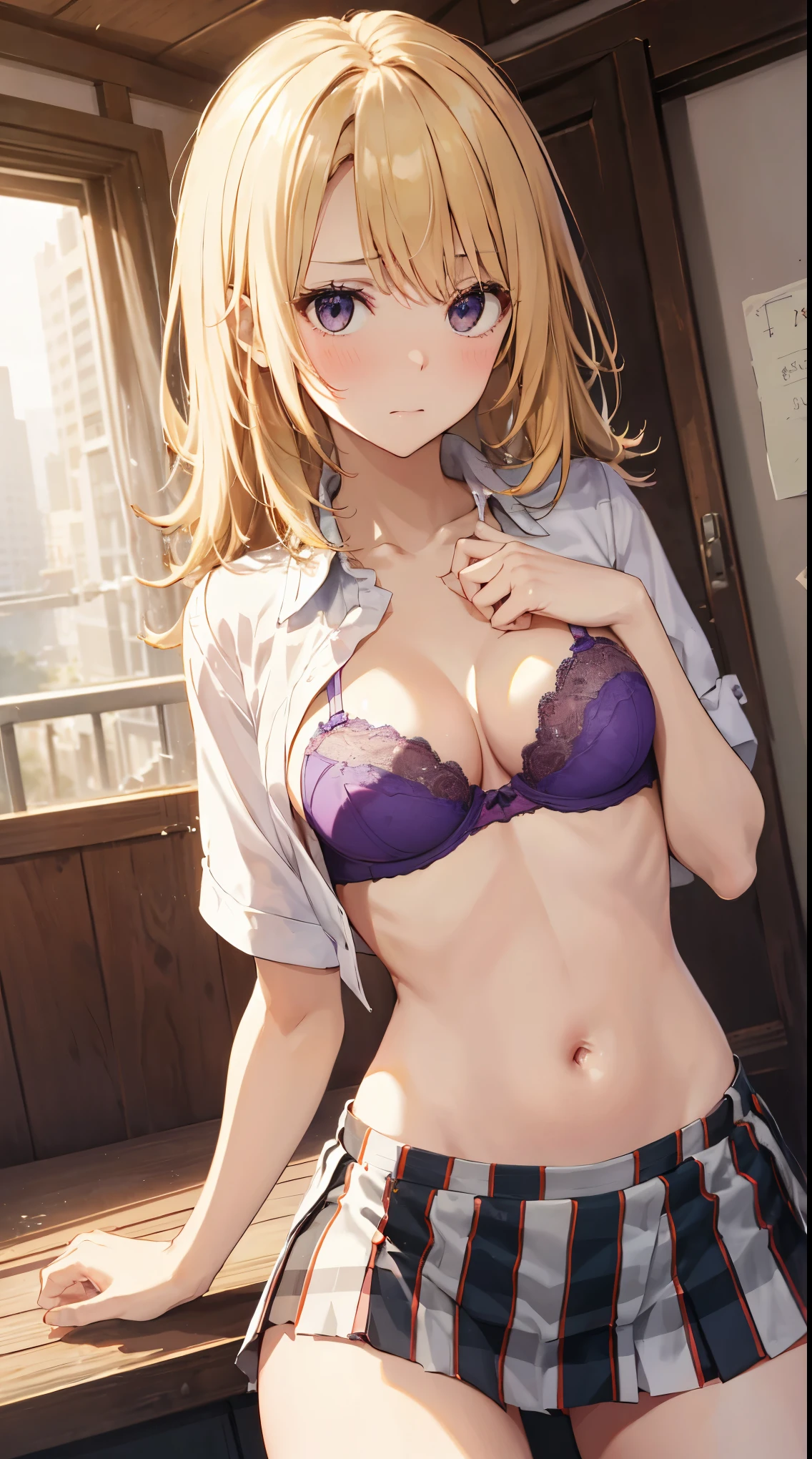 masterpiece, highest quality, High resolution, SA1, Blonde,uniform, White shirt, Minuscule miniskirt, Checked skirt, Open shirt, Pink good,Perfect hands, Embarrassed look,nsfw、Purple bra、