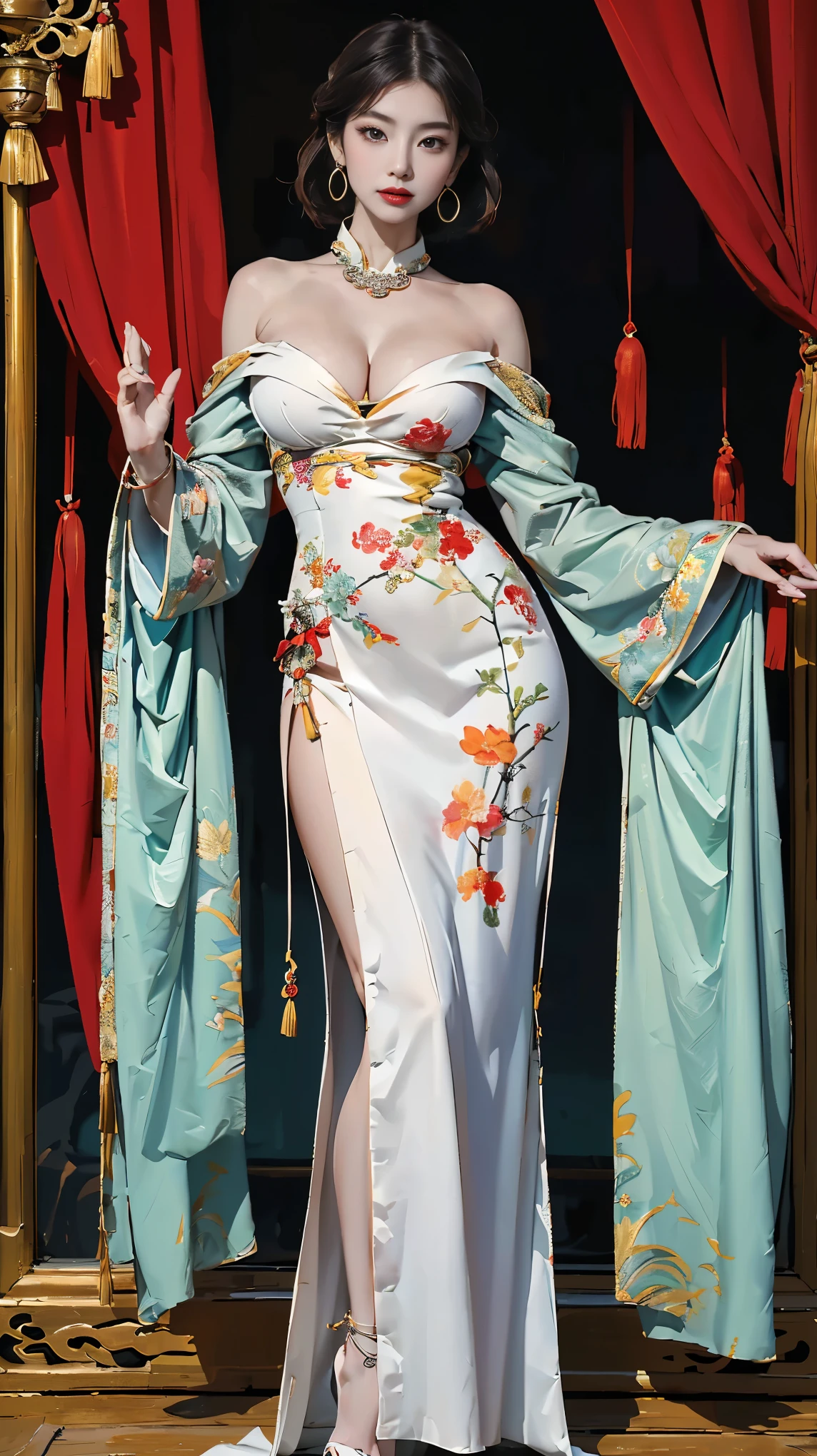 nsfw,Ultra-detailed, photorealistic, best quality, 4k,8k, highres, masterpiece:1.3), Featured is Mei Li Hua, a royal concubine from the glorious Tang Dynasty, ((who embodies the essence of mature allure, sophistication, and grace)), (((She boasts an elegant stature, complemented by a slender waist, and well-sculpted features, epitomizing the quintessential Chinese beauty))), (She is adorned with dark, lustrous hair in a traditional Tang era hairstyle), (striking almond-shaped eyes), ((and a fair complexion)), enhanced by vibrant, expressive makeup, (((She exhibits an exquisite and very sexy Tang Dynasty Era low-cut qxiong ruqun. This qxiong ruqun, a Tang Dynasty Era dress, exposes a generous amount of cleavage, adding a substantial touch of allure to her appearance. The outfit is characterized by its vibrant colors, intricate embroidery, and flowing silhouette, offering a traditional yet fashionable twist. She also wears traditional 'Jade Jewelry', and 'Anklets'))), (The vibrant, daring low-cut Hanfu presents a striking contrast against her fair skin), She is portrayed posing elegantly in her outfit, (exceptionally detailed:1.3),, super finely detailed hands, ultra finely detailed fingers(((ten fingers))), (posing elegantly), (full body showcase), (show full body), (no logos in the background), (no logo).