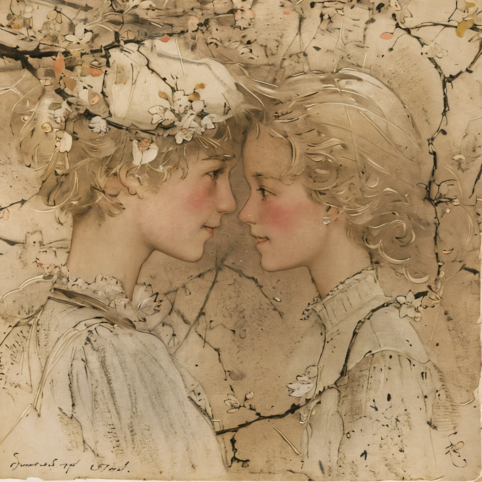 there are two children that are standing next to each other, peasant boy and girl first kiss, by Dorothy Hood, by Alice Prin, boy girl traditional romance, louis icart, joseph leyendecker, by Sun Junze, by Gerda Wegener, by Irene Bache, by Margaret Brundage, by Jacques Sablet, by Gustaf Tenggren,