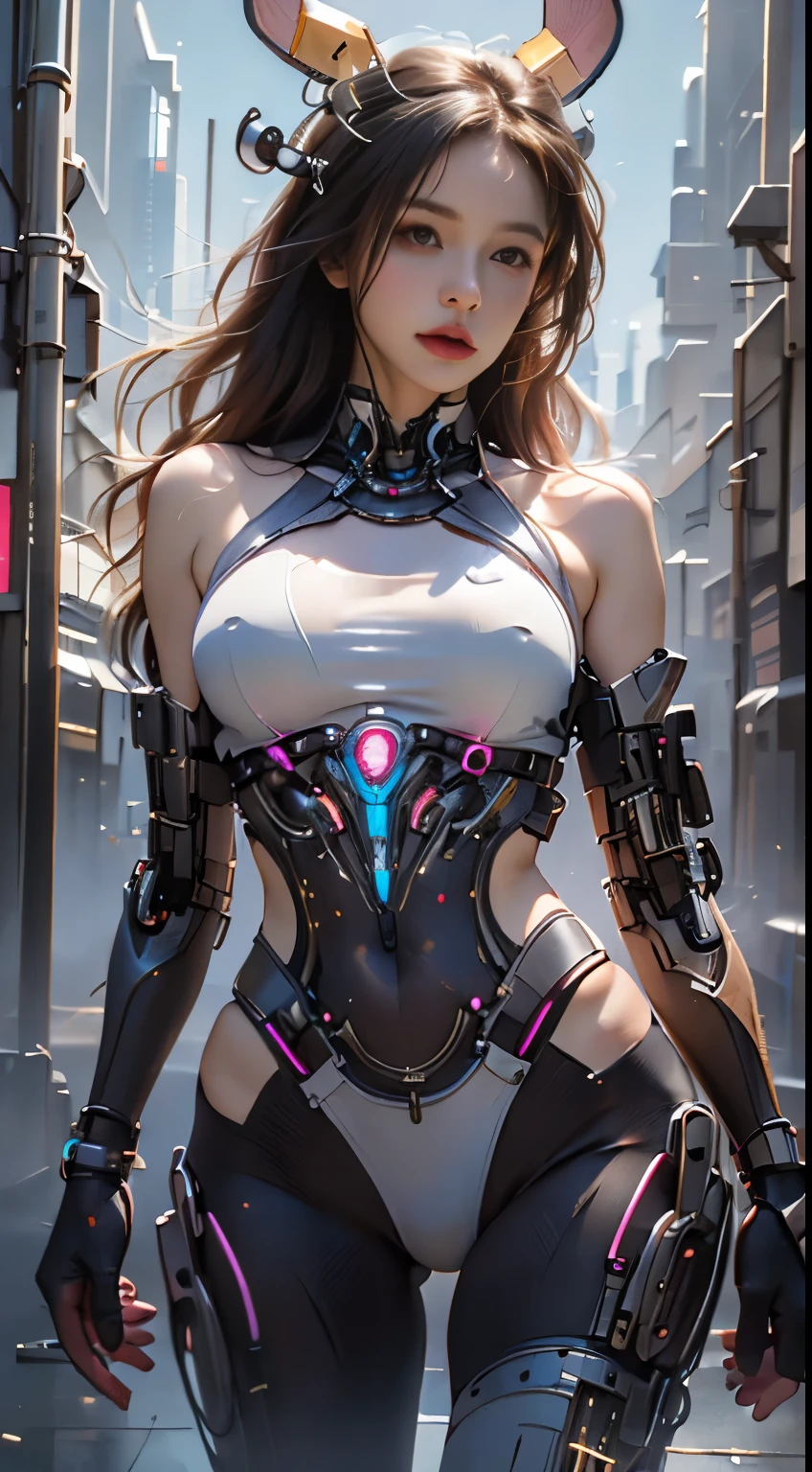 Virtual image,Realistic 8K images,hips up,Masterpiece,Complete Anatomy,Complete dynamic composition,morning sun,Light hits the front,young woman with long brown hair,cybernetic robot,Bikini body - white_orange_gold_metal,,white tank top,Abstract city background at night