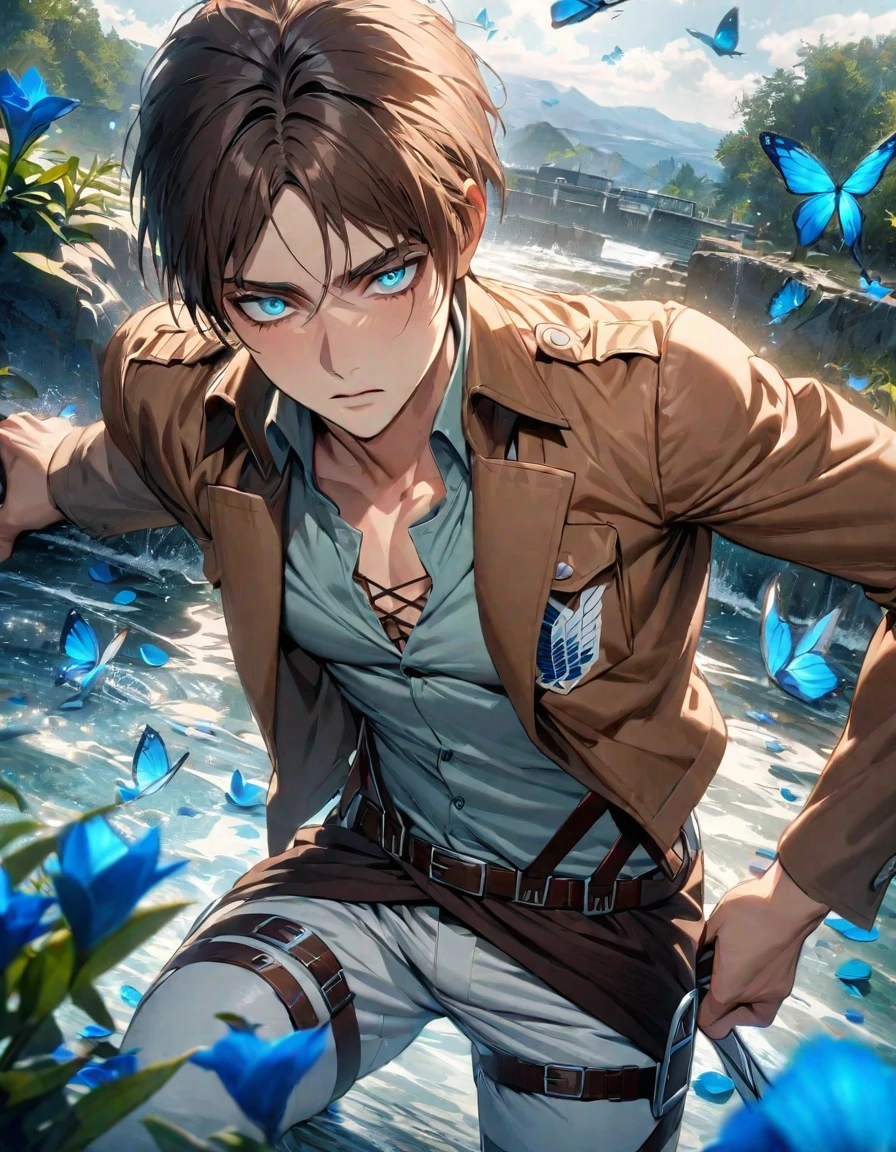 absurdres, highres, ultra detailed, HDR, masterpiece, extremely detailed face and eyes, Eren Yeager, brown hair, expressive turquoise eyes, Shingeki No Kyojin, solo, sexy man, very handsome, water, blue lilies, petals, butterflies, brown jacket, white pants