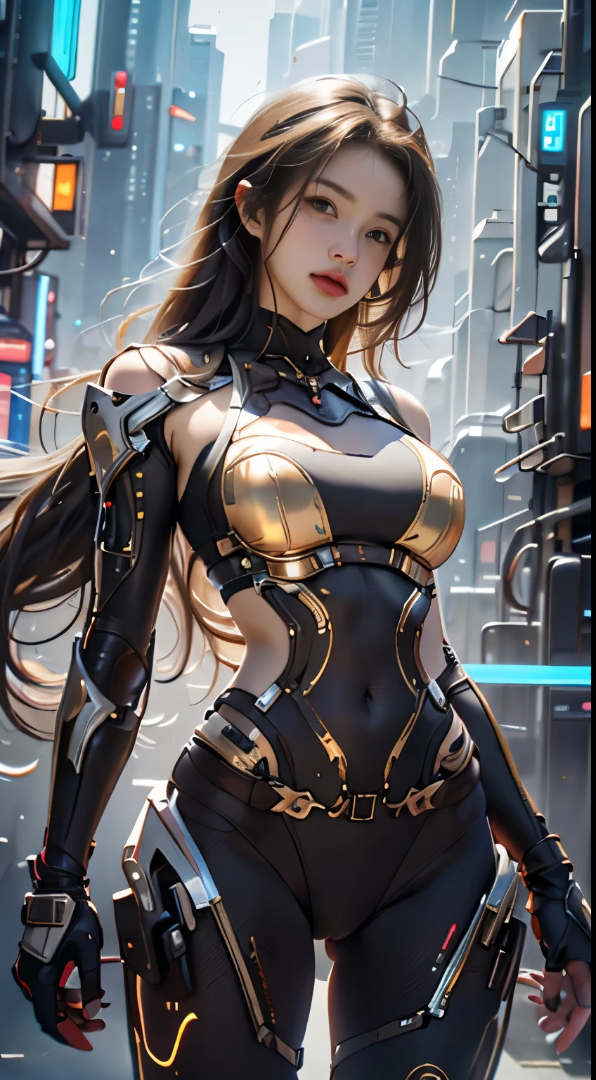 Virtual image,Realistic 16K images,hips up,Masterpiece,Complete Anatomy,Complete dynamic composition,morning sun,Light hits the front,young woman with long brown hair,cybernetic robot,Bikini body - white_orange_gold_metal,,white tank top,Abstract city background at night