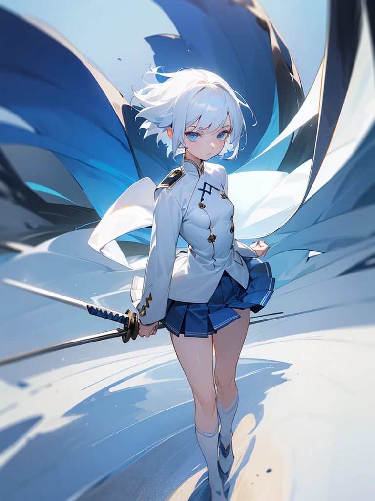 1girl, full body, white hair, short hair, blue eyes, flat chest, determined expression, 1 sword, epic wind, white uniform, blue linings, pleated skirt, masterpiece, ultra detailed, beautiful face, detailed eyes, dramatic lighting, clean fingers,