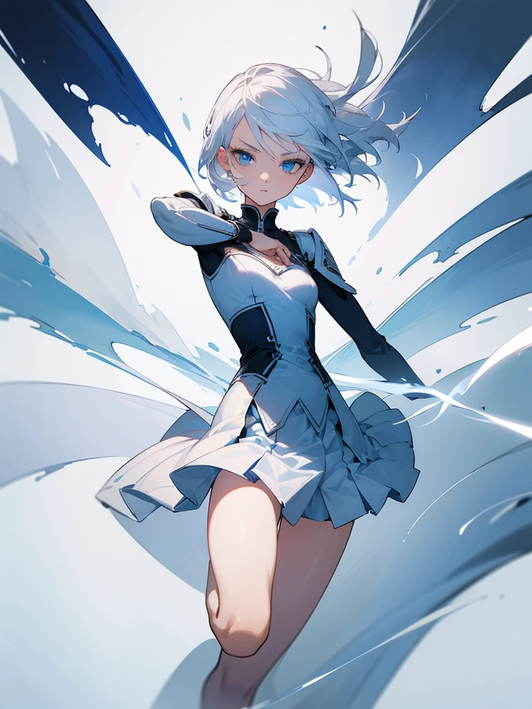 1girl, full body, white hair, short hair, blue eyes, flat chest, determined expression, 1 sword, epic wind, white uniform, blue linings, pleated skirt, masterpiece, ultra detailed, beautiful face, detailed eyes, dramatic lighting, clean fingers,