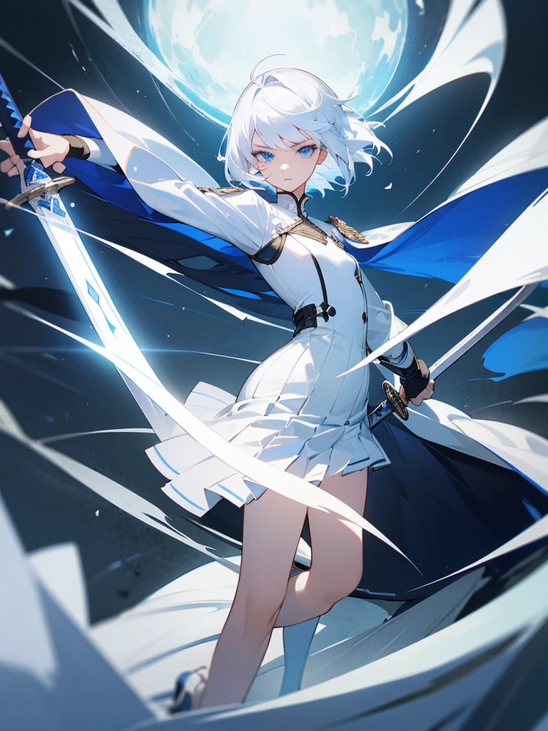 1girl, full body, white hair, short hair, blue eyes, flat chest, determined expression, 1 sword, epic wind, white uniform, blue linings, pleated skirt, masterpiece, ultra detailed, beautiful face, detailed eyes, dramatic lighting, clean fingers,