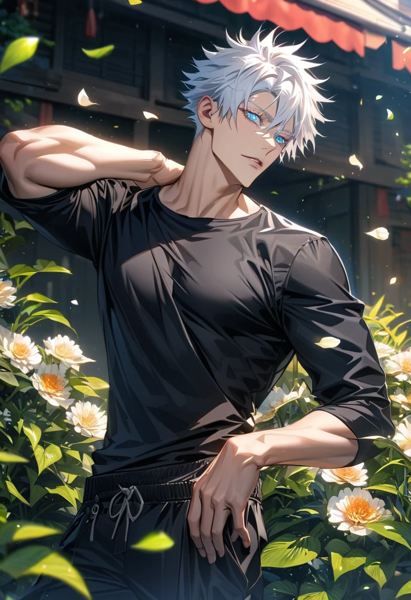 ((best quality)), ((masterpiece)), (detailed), perfect face, appears human, young man, slicked back white hair, glowing red eyes,with a white shirt and black pants, coming out of a lake with his clothes soaked by water,atletic body