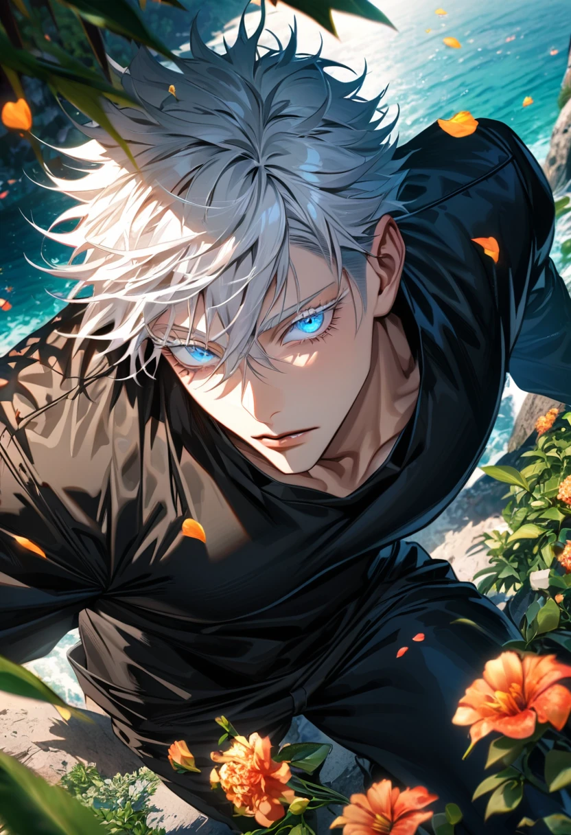 Ultra detailed, Highres, absurdres, HDR, Gojo Satoru, white hair with bangs, hair between the eyes, blue eyes, white eyelashes, Jujutsu Kaisen, green leaves, summer, flowers and petals, extremely handsome, sexy man, black pants, solo, black long coat, black tight t-shirt,