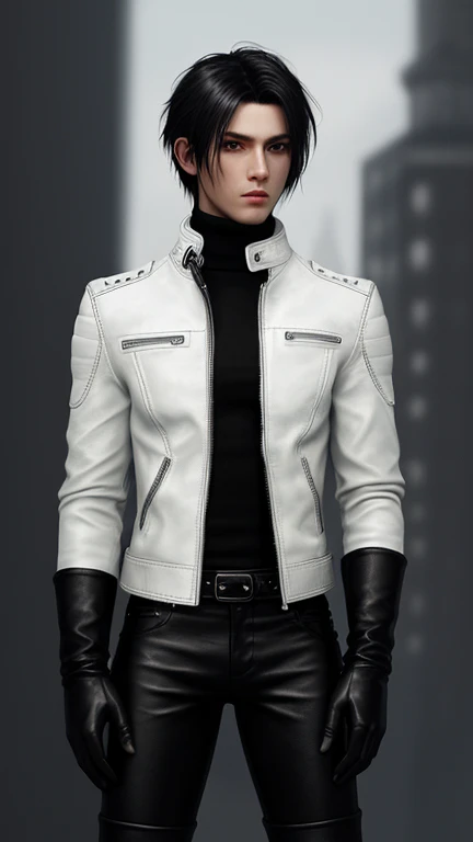 Final fantasy taste graphics, Japanese young cute and cool boy, thin eyebrows and beady eyes, he wearing shiny off white leather singlebrest jacket, with epaulet, jacket is zip upped, jacket pattern is a little black lines, jacket collar is high length stand-up collar with belt, also wearing black turtleneck, black leather pants,both hands black leather tight and thin glove, black leather knee-high raceup boots,show, show head-to-toe, whole body, final fantasy style、Handsome、Clear eyes and nose、((White single leather jacket))、Black turtleneck、((Black leather pants))、((Black leather gloves on both hands))、Black lace-up leather long boots、((View from head to toe in the distance))、Bright image quality、Photo-realistic image quality and texture、upright