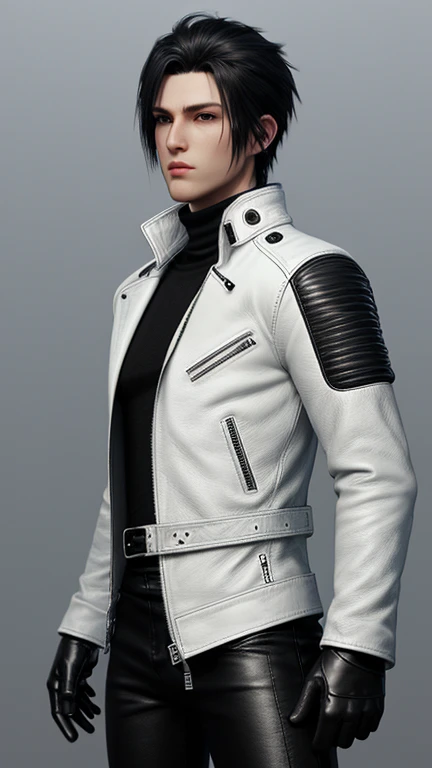 
Final fantasy taste graphics, Japanese young cute and cool boy, thin eyebrows and beady eyes, he wearing shiny off white leather singlebrest jacket, with epaulet, jacket is zip upped, jacket pattern is a little black lines, jacket collar is high length stand-up collar with belt, also wearing black turtleneck, black leather pants,both hands black leather tight and thin glove, black leather knee-high raceup boots,show, show head-to-toe, whole body, final fantasy style、Handsome、Clear eyes and nose、((White single leather jacket))、Black turtleneck、((Black leather pants))、((Black leather gloves on both hands))、Black lace-up leather long boots、((View from head to toe in the distance))、Bright image quality、Photo-realistic image quality and texture、upright