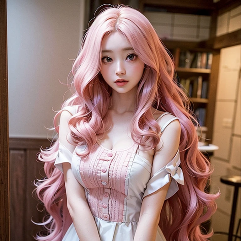 Young cute girl, long pink wavy hair, pale skin, British features, dressed in painter's clothes