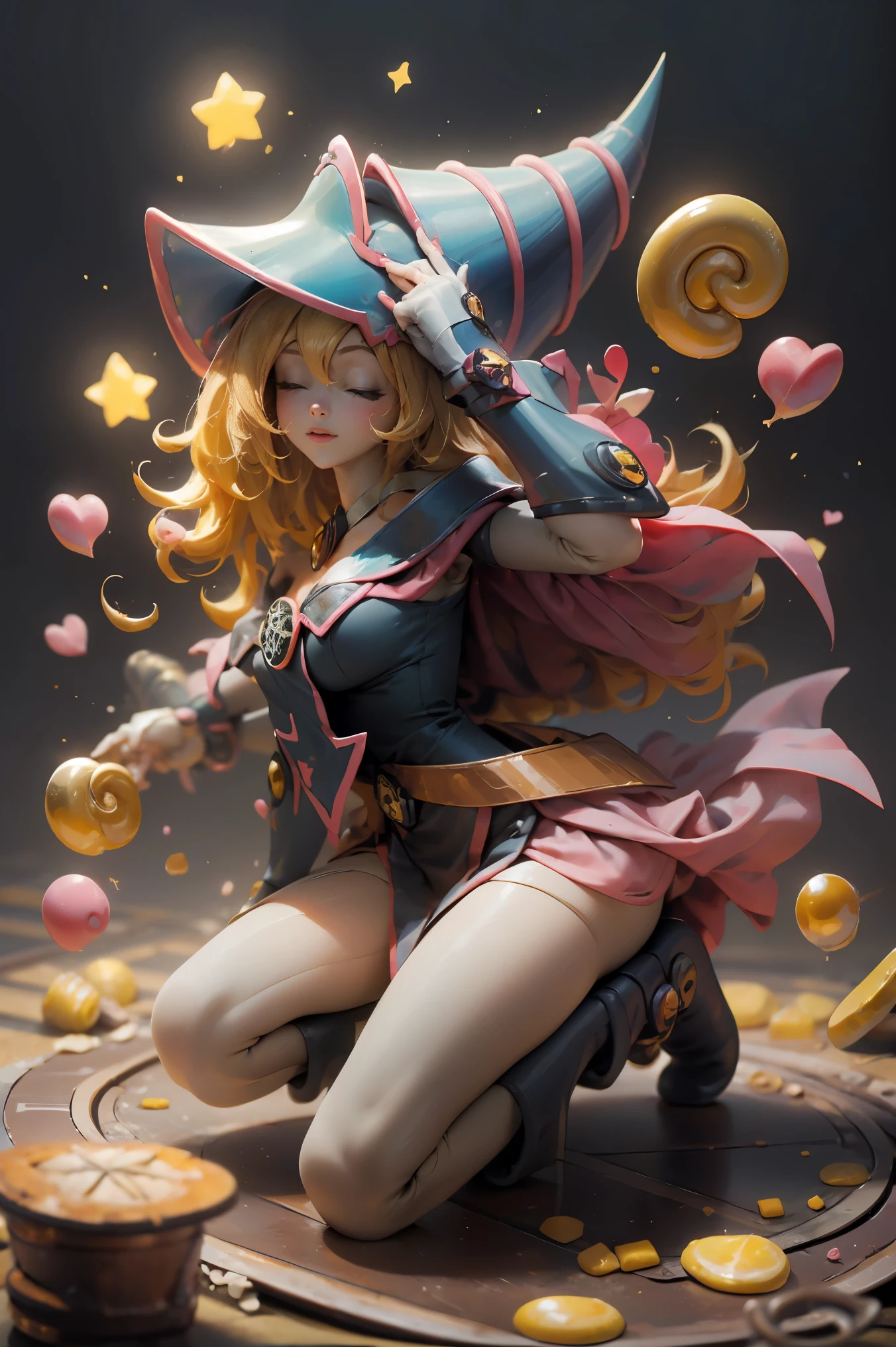 (Masterpiece:0.7), The best quality, illustration, 1Dark Magician Girl, Short skirt, shirt, Footwear, Broken heart necklace, outside, black hole in the background, stars, space, in bed, The best quality, high resolution, extremely detailed, detailed background, perfect lighting, (showy, bright color:1.4), blond hair, cotton candy cloud, sky, SMILE, dynamic pose, beautiful pose, (only), (floating color ink:1.15), (Muchos toques showys:1.0), (Floating Pink Blades:1.25), (vortex magic:1.1), (relaxed, cake:1.2), (multicolor:1.0), (beautiful detailed shine:1.0), (slime body:1.2), (gloomy expression:1.0), (Open mouth:1.0), (shadow), (blond hair:1.4), (by the width:1.0), (from the rear:1.3), (demonic halo:1.3), (Bowing head:1.0), (dynamic pose:1.1), (asymmetrical hair:1.2), (blue collar shirt:0.7), (military), (Puffy dress), :1.4), diagonal stripe, blond hair, (floating cable:1.0), (winter:1.4), (inside, inside de la habitación:1.1), (((tiara, witch has))), (Standing on one leg:1.1), (shiny skin:1.1), (Upper part of the body:1.25), latex clothing, Goddess Body, semi naked