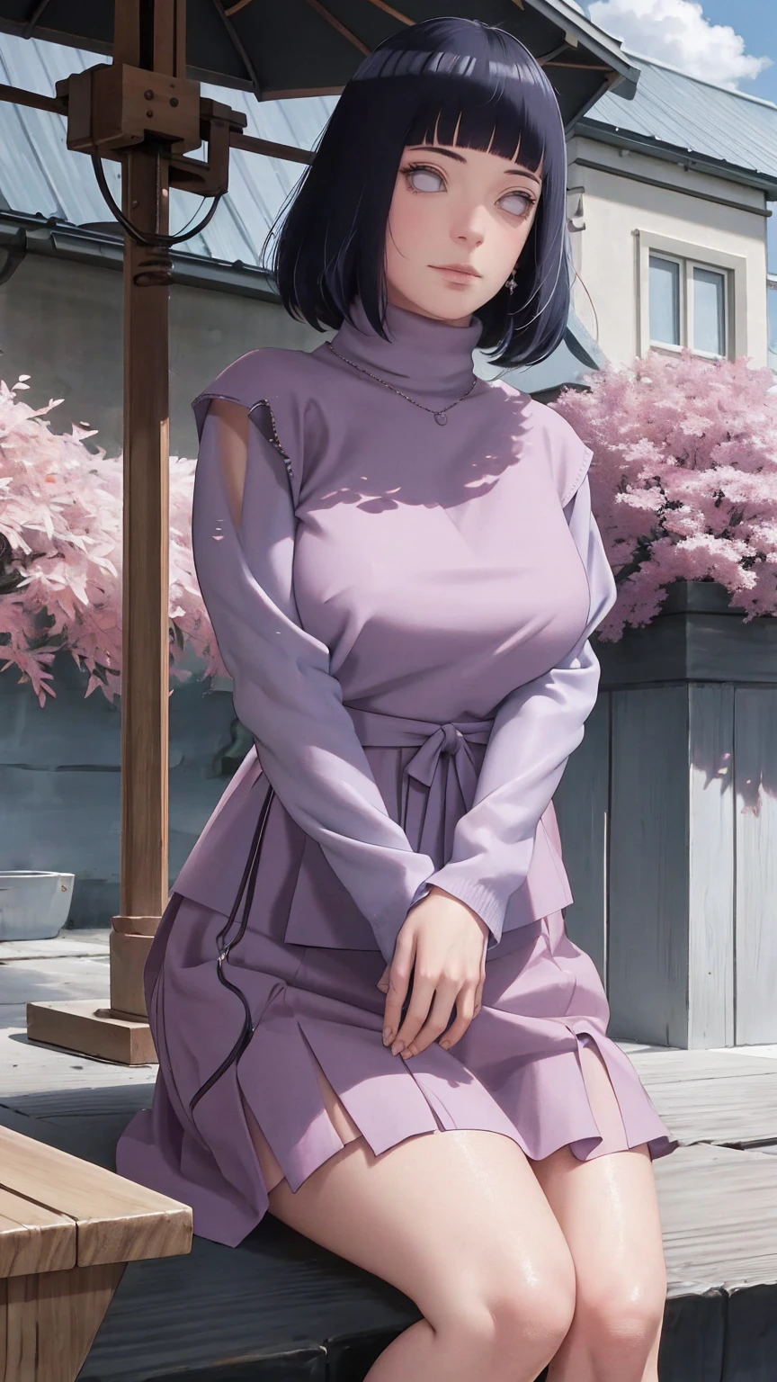 Meisterwerk, absurdres, Hinata\(Boruto\), 1girls, nur,reifes Weibchen, lila Kapuzenpullover,layered sleeves, braune Hose,  al fresco,Lavendelblütenfeld, Blick auf den Betrachter, (falling petals), overcast sky, Perfekte Komposition, Detaillierte Lippen, large chest, Beautiful face, Body Propotion, flush, (rosa Lippen), Lange Haare,  lila Augen,  Sanfter Blick, sad smile,  Super realistisch, Detailliert, Fotoshooting, Realistic face and body,  Realistisches Haar, Realistische Augen, realistische Nase, Realistische Lippen