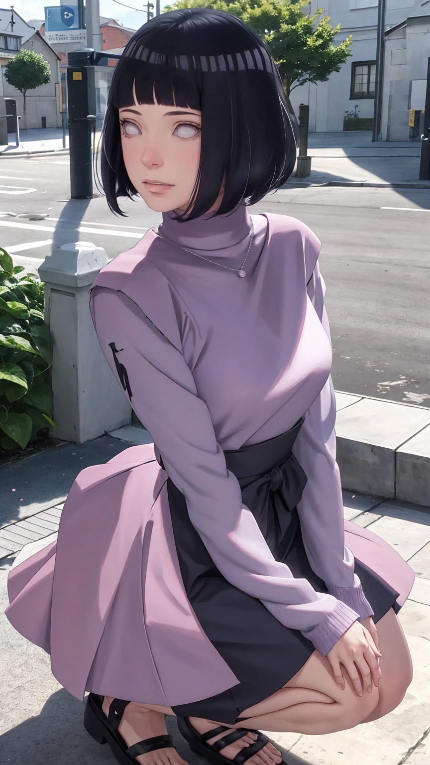 Meisterwerk, absurdres, Hinata\(Boruto\), 1girls, nur,reifes Weibchen, lila Kapuzenpullover,layered sleeves, braune Hose, al fresco,Lavendelblütenfeld, Blick auf den Betrachter, (falling petals), overcast sky, Perfekte Komposition, Detaillierte Lippen, large chest, Beautiful face, Body Propotion, flush, (rosa Lippen), Lange Haare, lila Augen, Sanfter Blick, sad smile, Super realistisch, Detailliert, Fotoshooting, Realistic face and body, Realistisches Haar, Realistische Augen, realistische Nase, Realistische Lippen
