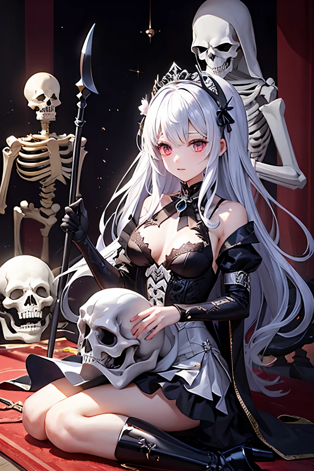 （（（highest quality、Masterpiece、Normal body、8k、Detailed face、Ultra-precision、Normal hand、Normal finger、５Finger、supreme）））Golden and silver hair、Princess、Gorgeous Dress、White and black skirt、Shiny Tiara、night armor、metal boots、Grim Reaper、grim Reaper、Helper Reaper、Skeleton demon behind、Skeleton demon in background、Skeleton demon behind、Skeleton demon in the background、Chaos and Cosmos、Blood on the Sanctuary、temple、mysterious、Shining Sanctuary