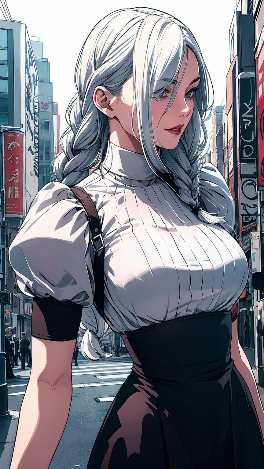 ultra realistic 8k cg, masterpiece, ((ultra detailed background, delicate pattern, intricate detail)), (highly detailed, fine details), best quality, 1girl, (photorealistic:1.4),beautiful lighting, absurdres, RAW photo, film grain, ((medium breasts, slim girl)), 1girl, MeiMei, solo, long hair, braid, dress, hair over one eye, smile, long sleeves, braided bangs, black dress, braided ponytail, white hair, puffy sleeves, holding, turtleneck dress, makeup, grey hair, red lips, one eye covered, lipstick, parted lips, single braid, (complex detailed background, outside, urban environment, cowboy shot, dinamic poses