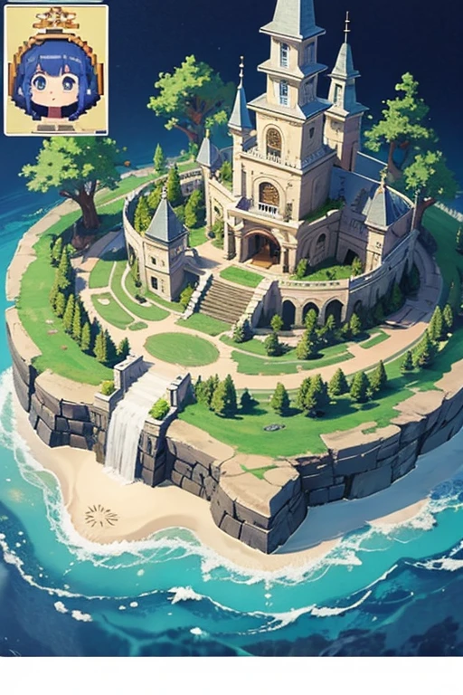 fantasy world, estilo isekai de anime, zona de comercio en la playa, estilo pixel art