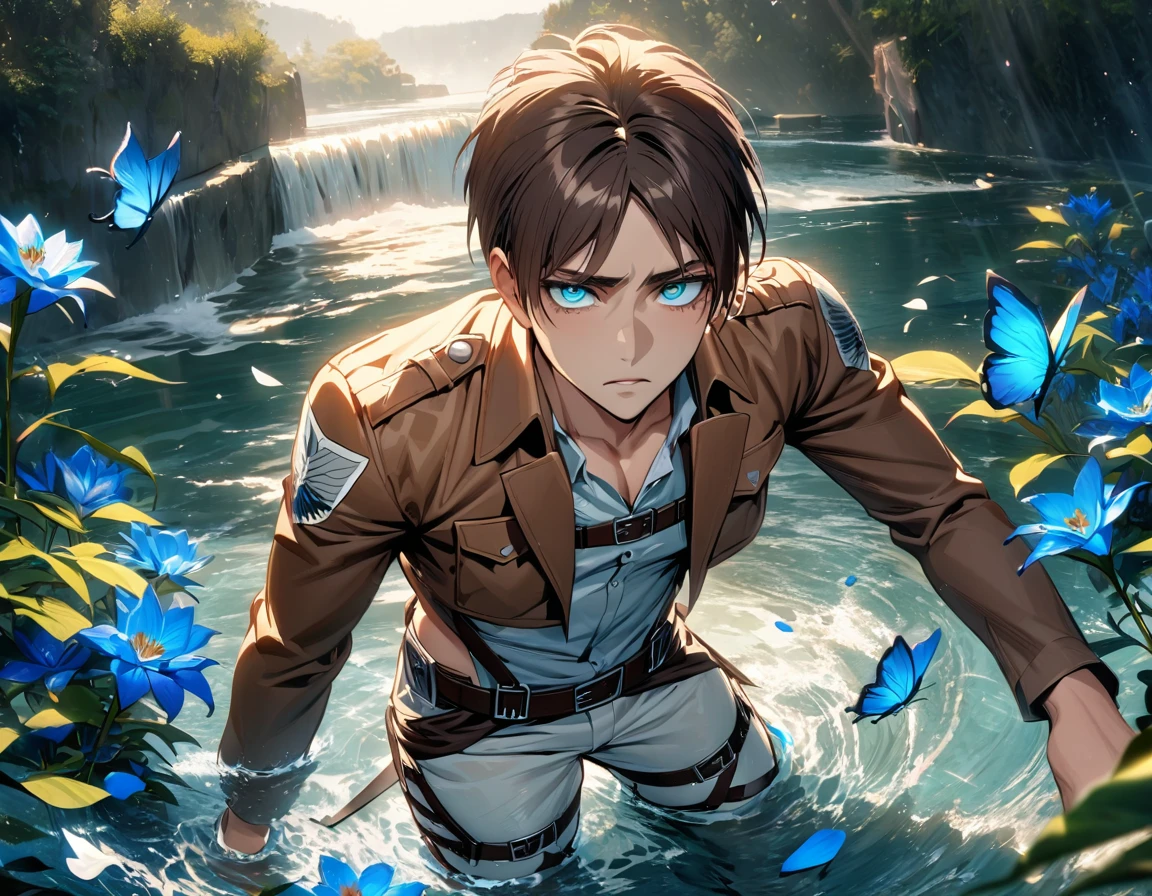 absurdres, highres, ultra detailed, HDR, masterpiece, extremely detailed face and eyes, Eren Yeager, brown hair, expressive turquoise eyes, Shingeki No Kyojin, solo, y man, very handsome, water, blue lilies, petals, butlies, brown jacket, white pants