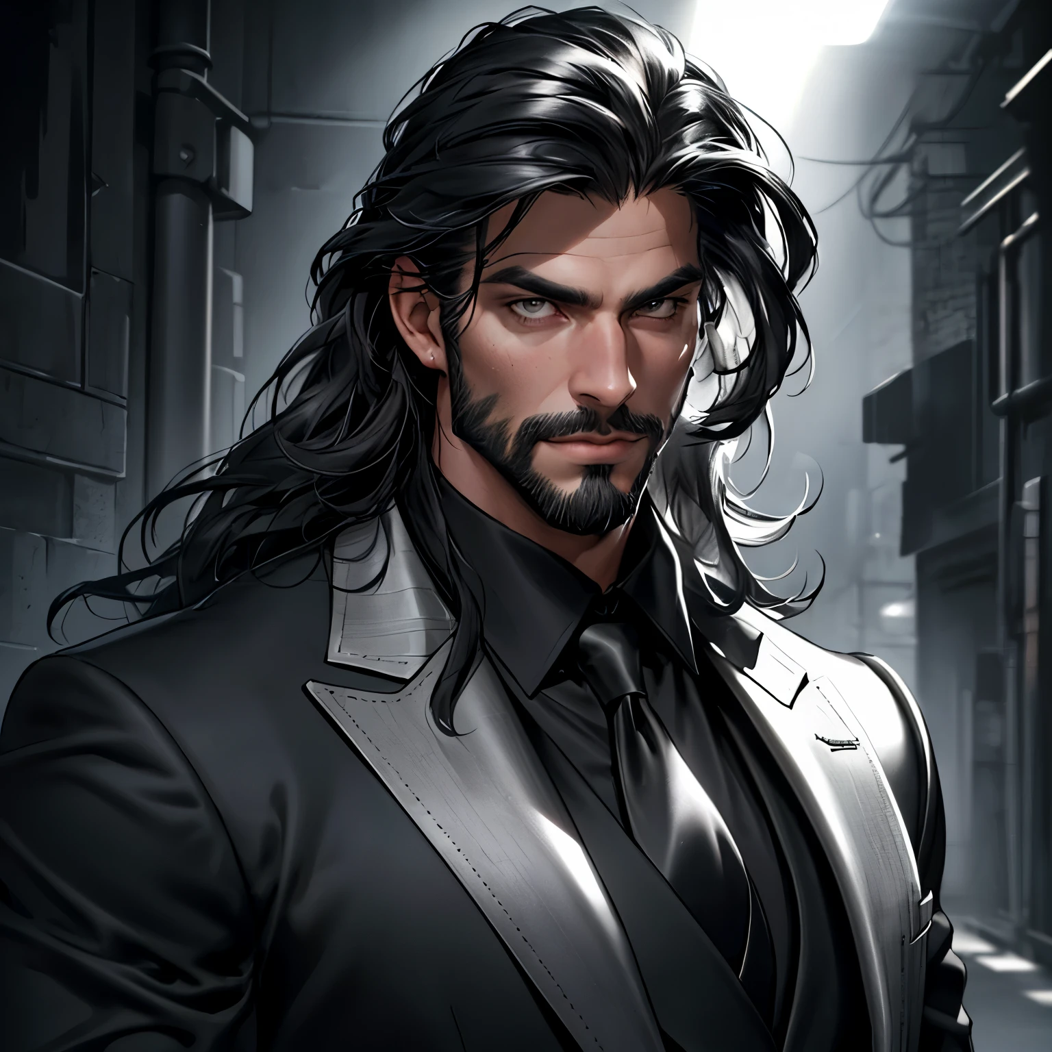 (best quality,4k,8k,highres,masterpiece:1.2),ultra-detailed,(realistic,photorealistic,photo-realistic:1.37),portraits,handsome male,shoulder length hair:1.1,medium length black locks:black business suit:black, hair covering eyes,(muscular,strong build),large male,portrait,confident expression:black tie,standing against a dark background:1.1,subtle studio lighting:determined gaze,facial hair,well-groomed beard, smoldering look, smokey backround, has a feint aura, noir aesthetic