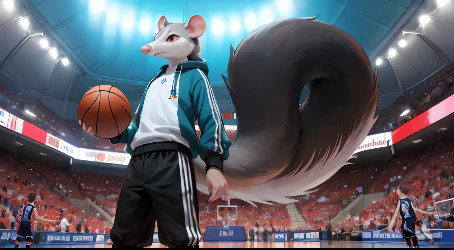 Tracksuit opossum male thin round tail legs ears good ambient light, piel ultra detallada、Las luces son muy detalladas..,Arte de la mejor calidad, jugador de baloncesto pantalones cortos y camiceta detallada del equipo de la NBA