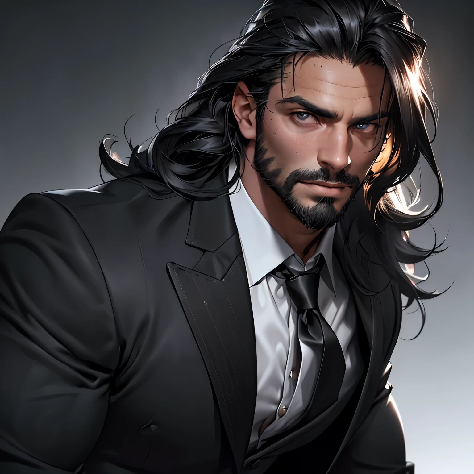(best quality,4k,8k,highres,masterpiece:1.2),ultra-detailed,(realistic,photorealistic,photo-realistic:1.37),portraits,handsome male,shoulder length hair:1.1,medium length black locks:black business suit:black, hair covering eyes,(muscular,strong build),large male,portrait,confident expression:black tie,standing against a dark background:1.1,subtle studio lighting:determined gaze,facial hair,well-groomed beard, smoldering look, smokey backround, has a feint aura,  aesthetic