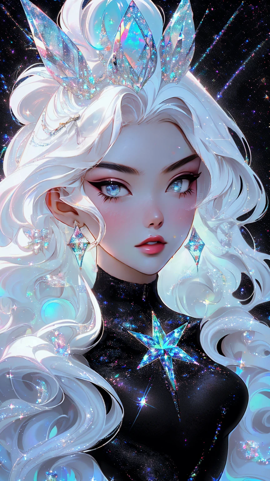 {-erro_de_anatomia:1.0} masterpiece, highest quality, (perfect face:1.1, (high detail)1.1, sweet stardust vampire , long soft white hair, opal eyes, perfectly drawn face, black dress, stars detailed background, prismatic lighting, glitter, whole body, (walking on the stars with crystal shoes) (black dress).