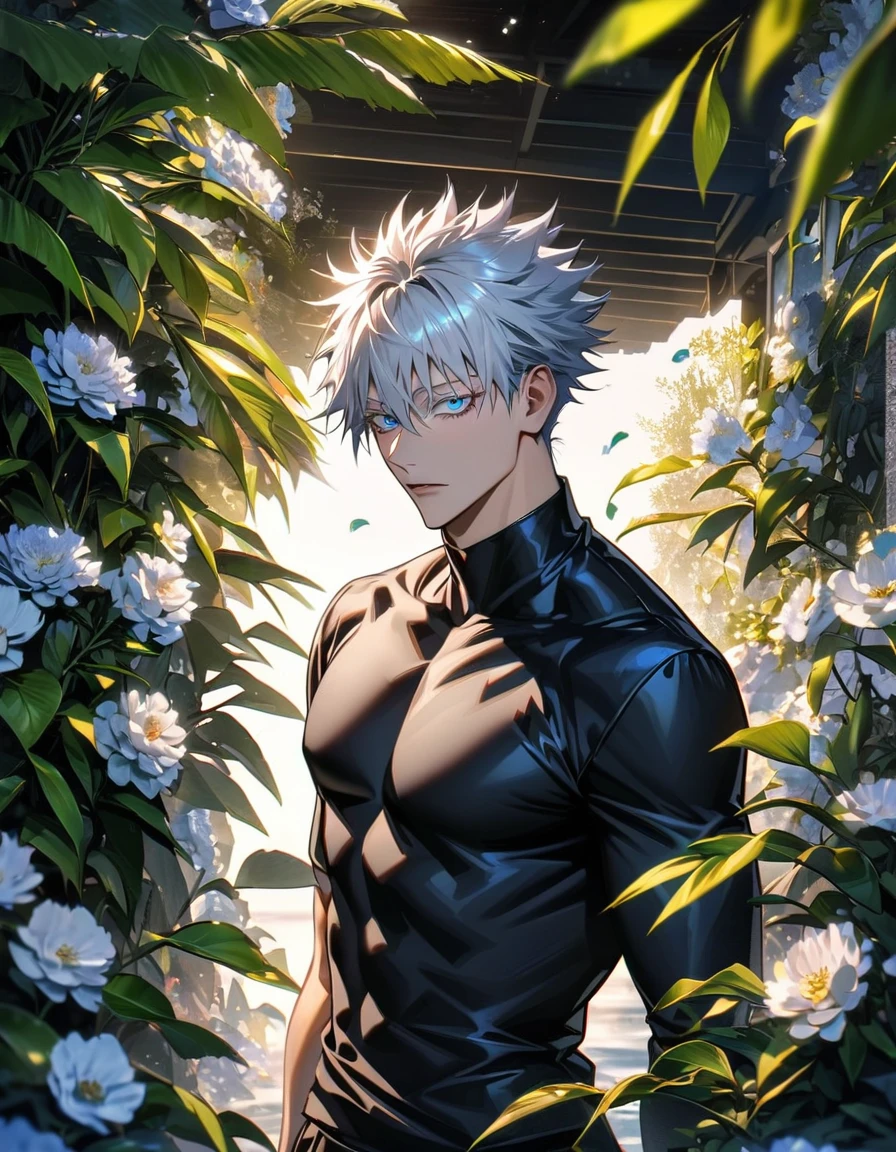 Ultra detailed, Highres, absurdres, HDR, Gojo Satoru, white hair with bangs, hair between the eyes, blue eyes, white eyelashes, Jujutsu Kaisen, green leaves, summer, flowers and petals, extremely handsome, sexy man, solo, black long coat, black tight t-shirt,