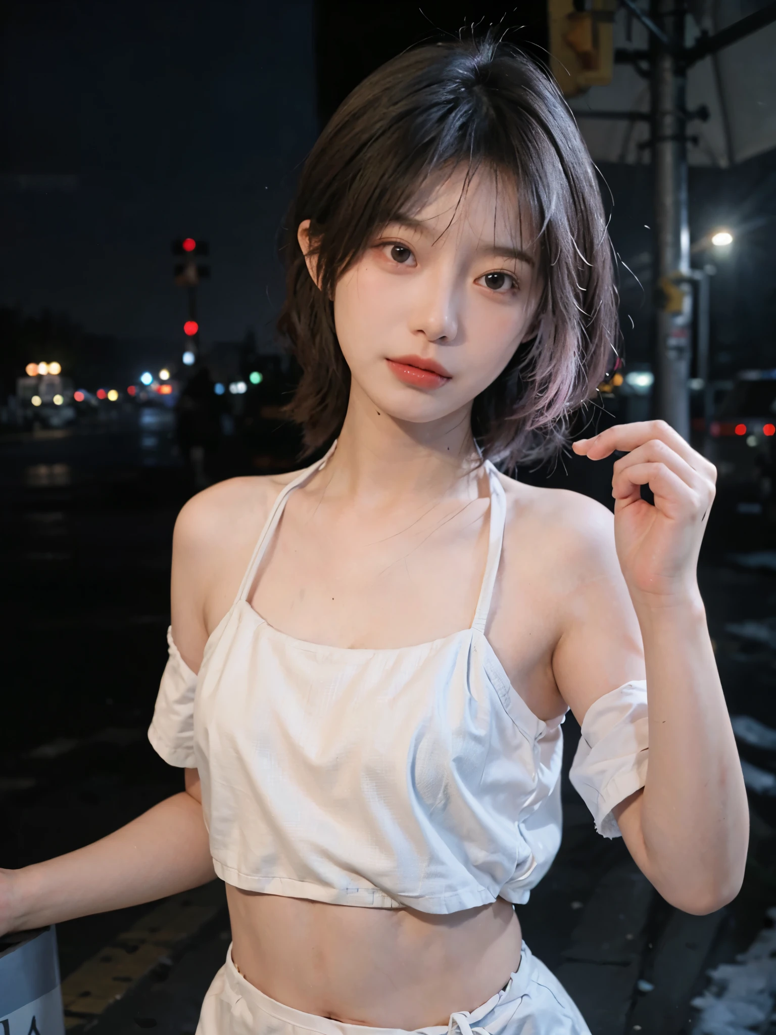 best quality, ultra high resolution, Night Sky,(Upper body:1.4)(realistically:1.4), 2个girl, gold short sleeves,twin,A pair of eyes as clear as snow,Royal sister,girl,looking at the audience, close up ,Thin string bikini,Small breasts,Are thin,the waist is small,small butt,Shoulder exposed,Navel exposed,Pink silver hair,Short Bob Hair,Prostitute,Waiting for customers,silver pink hair,Drunk, street girl,Drug addict,