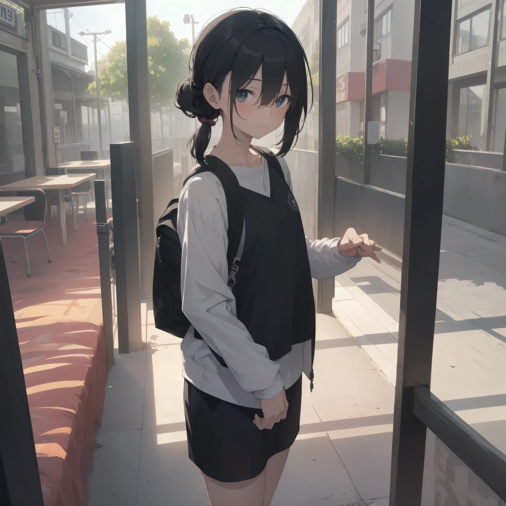 ultra-absurdres-Top quality by artist God, ultra-detailed, high resolution, anime moe artstyle, best anime 8k konachan wallpaper, pixiv contest winner,pool:2810, perfect anatomy,break, 1girl, (Please draw a girl walking sleepily to school alone. )break,(Solo,little female, -yeld:1.Full limbs, complete fingers, (very short hair), ponytail, flat chest, , small butt, small black eyes, beautiful detailed eyes, well-proportioned iris and pupils, expressive eyes, highres detailed hair, soft expression, school_gym uniform, official_alternate_costume, short gym shorts,(Detailed Lighting), (Detailed background), in the School commute route. break,super detailed skin, Best cinematic lighting powered by famous artist, 8k,beauty illustration,photoshop_(medium),very aesthetic,break,((artist:a1_(initial-g) )), artist:akinashi yuu ,artist:oyari ashito ,artist:kantoku ,