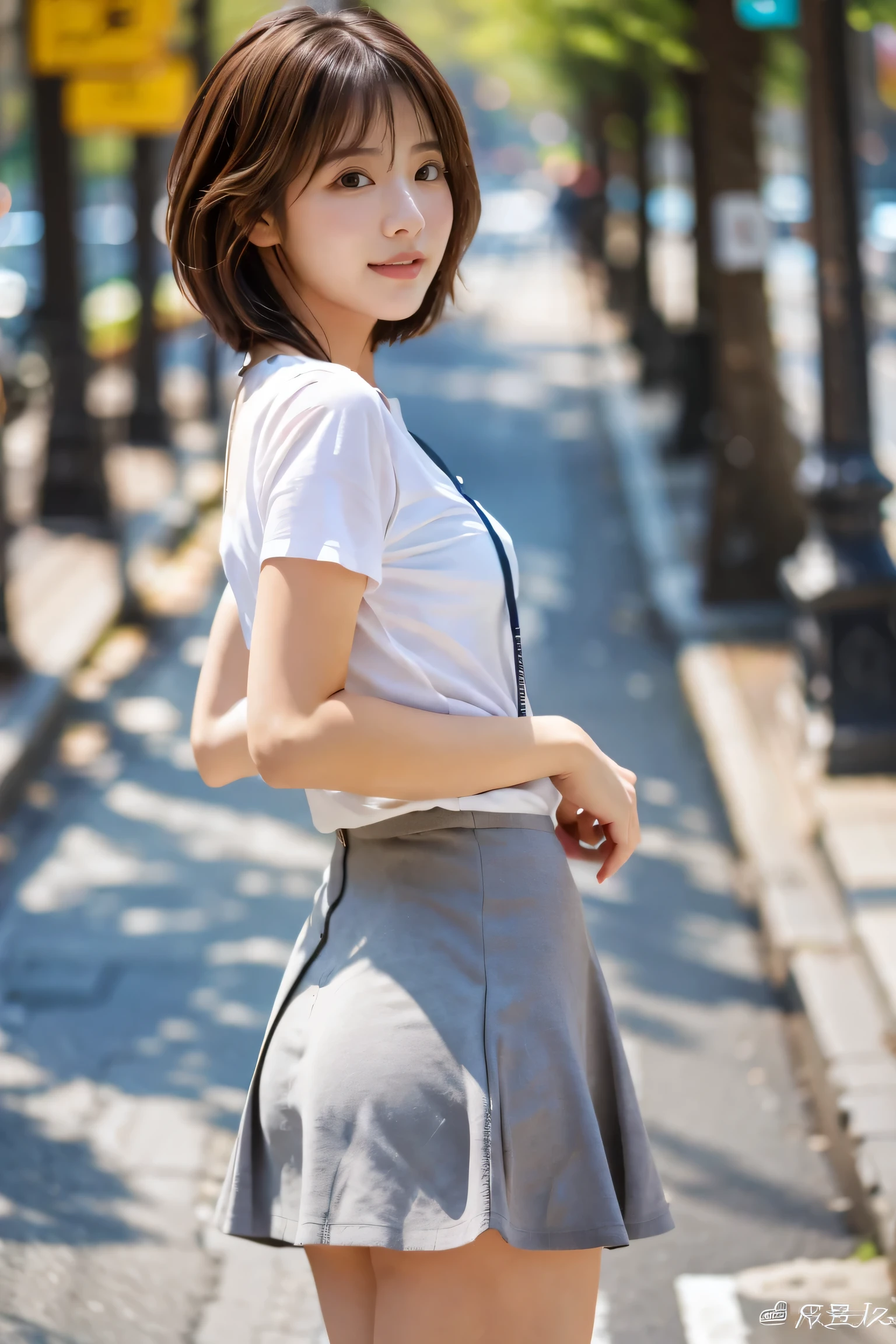 (8k, RAW Photos, highest quality, masterpiece: 1.2), (Realistic, photoRealistic: 1.37), Super detailed, Ultra-high resolution, 18 year old girl, (Cute short hair:1.5), Chestnut Hair, Beautifully detailed face, smile, narrow, (Slim Waist: 1.3), shirt, Beautiful, smooth skin, Skin Texture, Floating hair, Professional Lighting, Mid-chest, Gentle Eyes、Grey flared skirt、Ultra mini skirt、Body silhouette、A cool beauty in her 20s、Looking back and posing sexy、A full-body shot of her turning around with her skirt fluttering in the wind