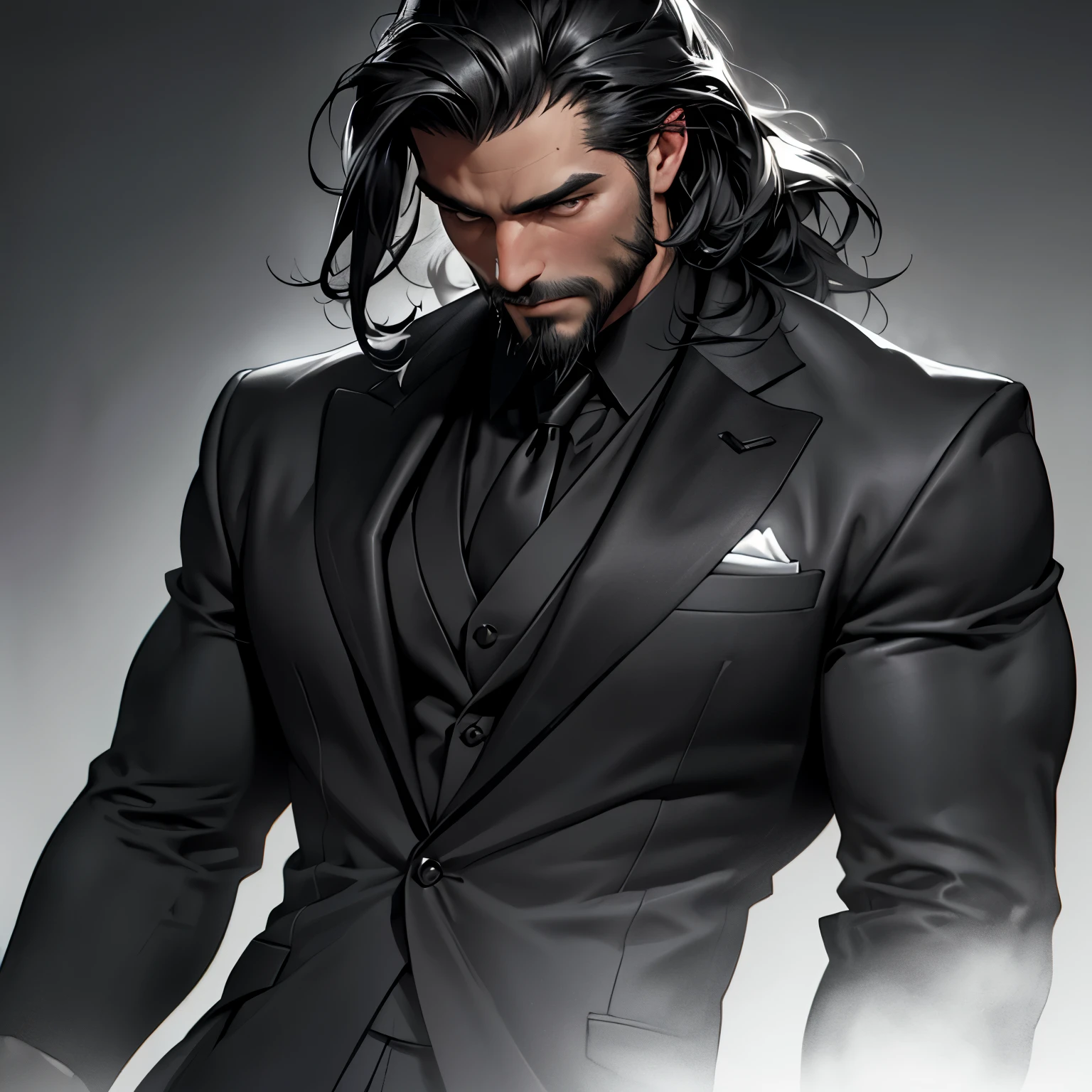 (best quality,4k,8k,highres,masterpiece:1.2),ultra-detailed,(realistic,photorealistic,photo-realistic:1.37),portraits,handsome male,shoulder length hair:1.1,medium length black locks:black business suit:black, hair covering eyes,(muscular,strong build),large male,portrait,confident expression:black tie,standing against a dark background:1.1,subtle studio lighting:determined gaze,facial hair,well-groomed beard, smoldering look, smokey backround, has a feint aura, noir aesthetic