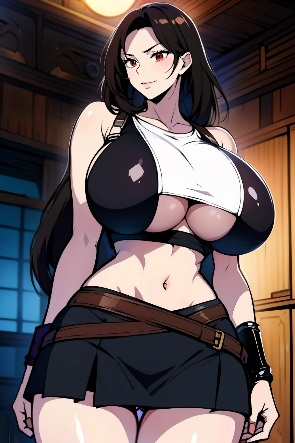 An anime-style artwork depicting tifa from the game final fantasy 7
Tags: tifa, anime, detailed eyes, detailed lips, ass, 1girl, red eyes, gauntlet, elbow pad, skirt, crop top, (black hair:1.1), solo, huge breasts, smiling expression, intense gaze, dynamic pose, indoor, palace, vibrant colors, digital art, high-resolution, professional quality, gigantic breasts, (underboob : 1.4), curvy, cowboy shot, (gigantic breasts: 1.4),