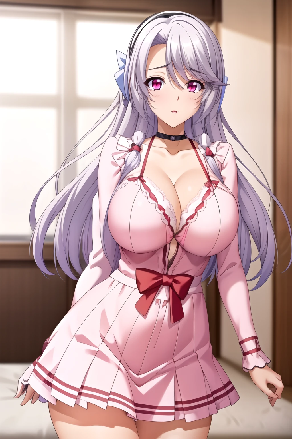 Setofuku,clavicle, underwear, Lace, Long hair,Pink Eyes,Silver Hair, 1 girl, 18 years old,Young women,fair Finger,fair long legs,fair Body,fair Nose,fair character design, Perfect eyes, perfect Face, Looking at the audience, In the center of the image,(superior_Body),(Focus on her Face), National Foundation,official art,Extremely detailed CG unified 8k wallpaper, Perfect lighting,rich and colorful, bright_front_Face_light, (masterpiece:1.0),(the best_quality:1.0), Ultra-high resolution,4K,Super detailed, photography, 8k, HDR, high resolution, absurd:1.2, Kodak Portrait 400, Film Grain, Blurred background, Bokeh:1.2, lens flare, (Energetic_color:1.2) (fair,Large target_breast:1.4), (fair_Face:1.5),(narrow_waist),