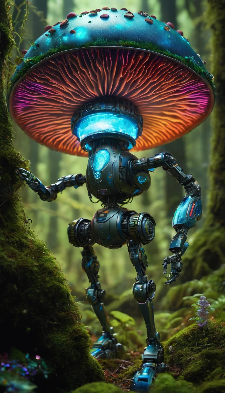 Bioluminescent Mushroom Robot, Detailed robot with glowing mushrooms, Vibrant colors, Ultra-realistic lighting, Ultra Detailed mushrooms, actual robot design, Complex robotic components, enchanted magical forest setting, 四肢Covered with moss, Covered with moss, Mechanical gears, Ethereal atmosphere。(best quality,high resolution,masterpiece:1.2),Ultra Detailed,(actual:1.37).