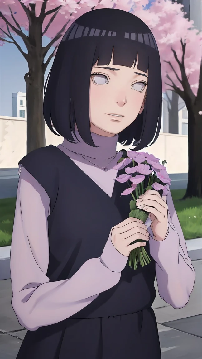 Meisterwerk, absurdres, Hinata\(Boruto\), 1girls, nur,reifes Weibchen, lila Kapuzenpullover,layered sleeves, braune Hose, al fresco,Lavendelblütenfeld, Blick auf den Betrachter, (falling petals), overcast sky, Perfekte Komposition, Detaillierte Lippen, large chest, Beautiful face, Body Propotion, flush, (rosa Lippen), Lange Haare, lila Augen, Sanfter Blick, sad smile, Super realistisch, Detailliert, Fotoshooting, Realistic face and body, Realistisches Haar, Realistische Augen, realistische Nase, Realistische Lippen