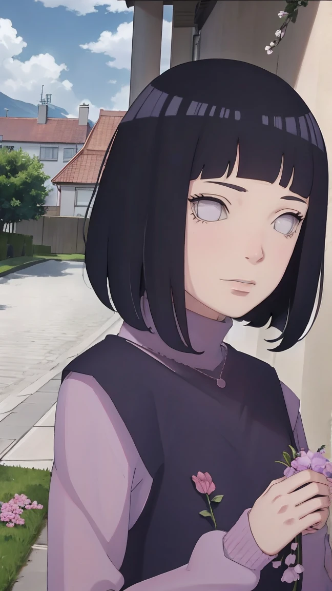 Meisterwerk, absurdres, Hinata\(Boruto\), 1girls, nur,reifes Weibchen, lila Kapuzenpullover,layered sleeves, braune Hose, al fresco,Lavendelblütenfeld, Blick auf den Betrachter, (falling petals), overcast sky, Perfekte Komposition, Detaillierte Lippen, large chest, Beautiful face, Body Propotion, flush, (rosa Lippen), Lange Haare, lila Augen, Sanfter Blick, sad smile, Super realistisch, Detailliert, Fotoshooting, Realistic face and body, Realistisches Haar, Realistische Augen, realistische Nase, Realistische Lippen