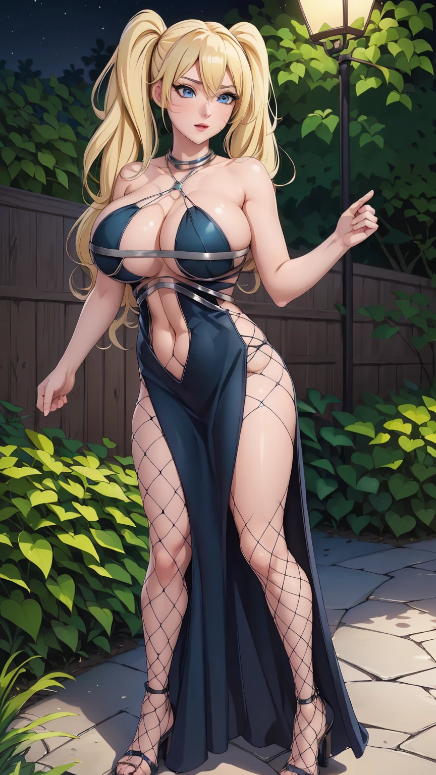 masterpiece, ultra high-quality, extremely detail 8k cg, high resolution, 1girl, narukouzumaki, twintails, wisker marks, blonde hair, blue eyes, perfect eyes, thin body, huge breasts, fakebreasts, evening gown, halterneck, criss-cross halter, tutututu, fishnet pantyhose, high heels, choker, beautiful face, outdoors, garden, night time, full shot photo, full body