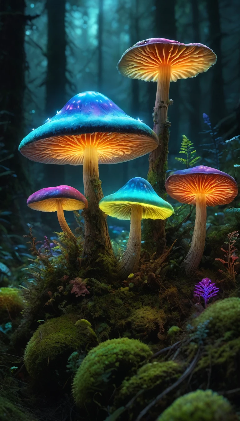 bioluminescent mushrooms, Details of glowing mushrooms, Vivid rainbow colors, Hyper-realistic lighting, Super detailed mushrooms, Practical robot design, Complex components, Enchanted forest setting, Mossy limbs, Mossy appearance, Mechanical gears, Ethereal atmosphere。(best quality,high resolution,masterpiece:1.2),Super detailed,(Practical:1.37).