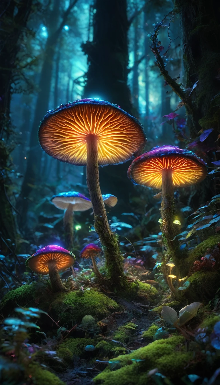 bioluminescent mushrooms, Details of glowing mushrooms, Vivid rainbow colors, Hyper-realistic lighting, Super detailed mushrooms, Practical robot design, Complex components, Enchanted forest setting, Mossy limbs, Mossy appearance, Mechanical gears, Ethereal atmosphere。(best quality,high resolution,masterpiece:1.2),Super detailed,(Practical:1.37).