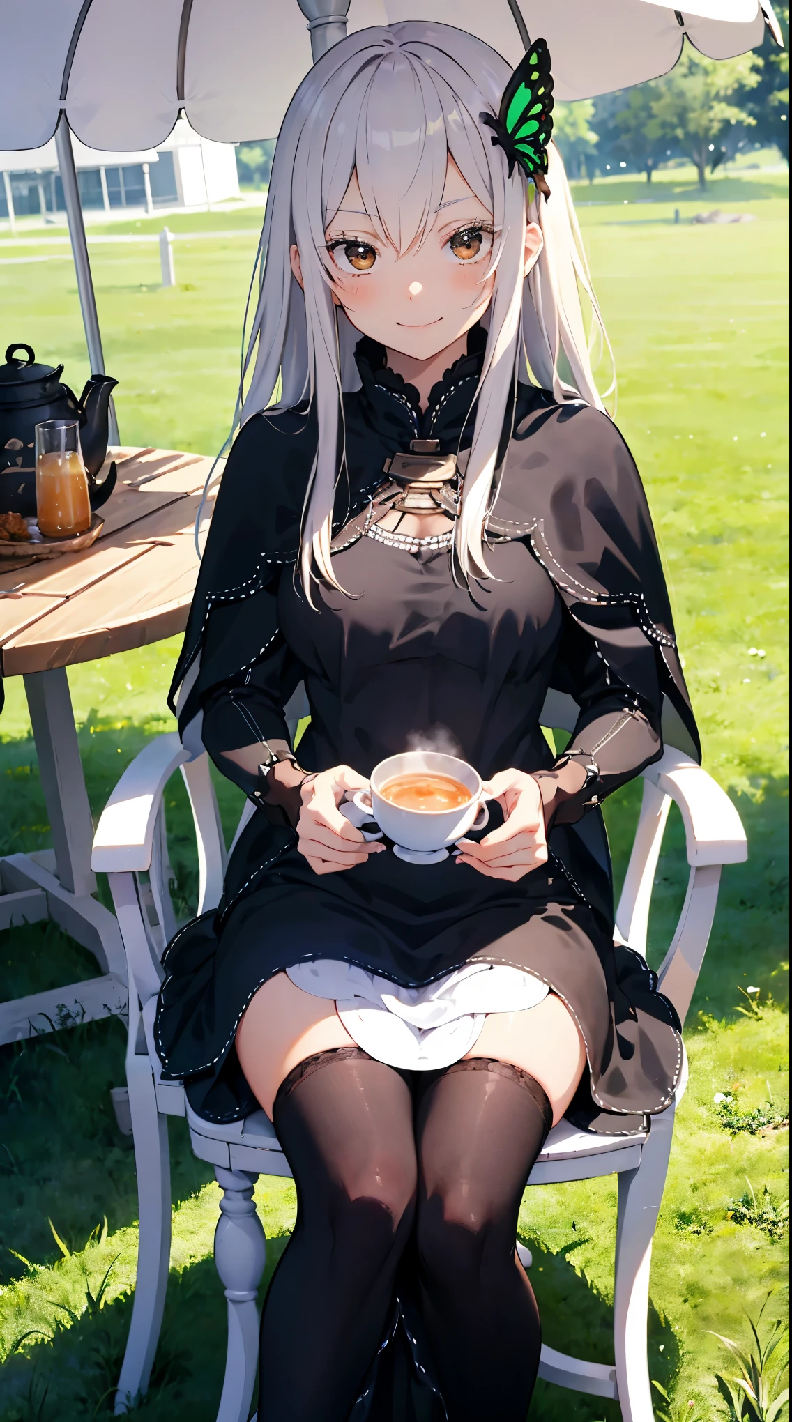 Confused, High resolution, Very detailed, Echidna, Brown eyes, Medium Chest, Butterfly Hair Ornament, (Colored eyelashes:1.1), Capelet, Black Dress, Long sleeve, Looking at the audience,grassland、White luxurious round table、Parasol、Sit on a chair、drinking tea、Bright colors、Bright colors彩、Have a cute smile、