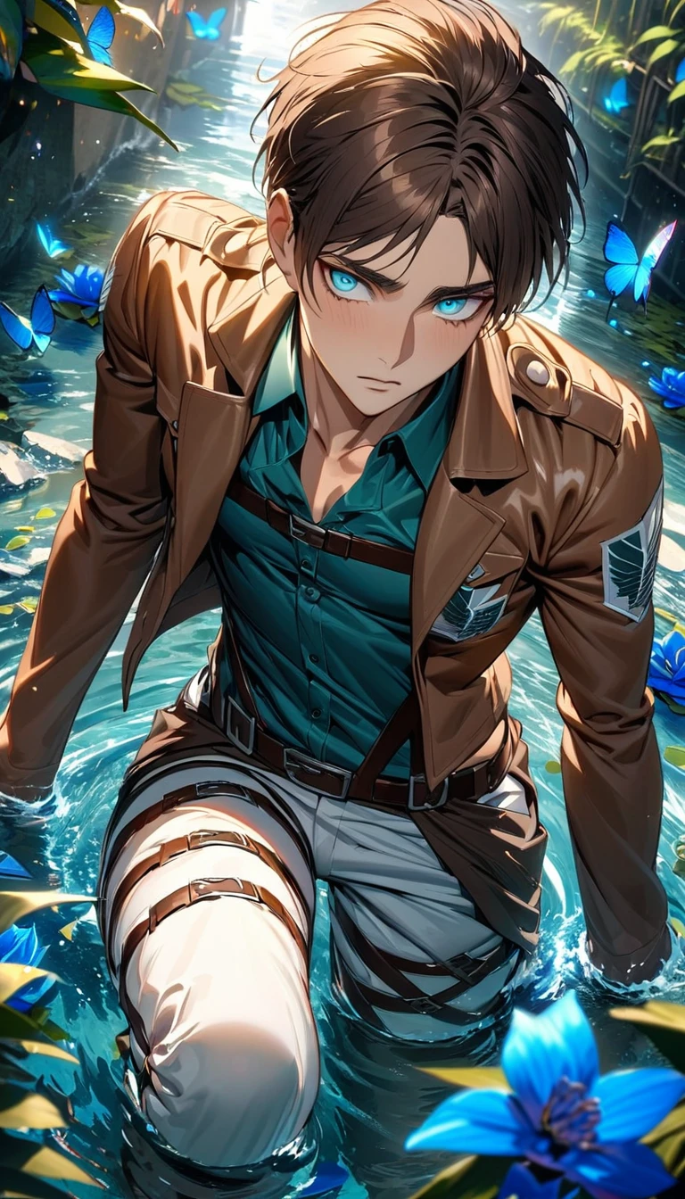 absurdres, highres, ultra detailed, HDR, masterpiece, extremely detailed face and eyes, Eren Yeager, brown hair, expressive turquoise eyes, Shingeki No Kyojin, solo, sexy man, very handsome, water, blue lilies, petals, butterflies, brown jacket, white pants